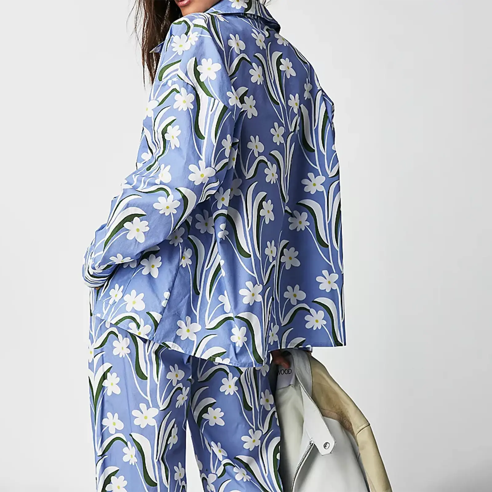 Women's Loungewear Set, Flower Print Long Sleeve Lapel Button Shirt + Elastic Waist Pants 2 Pieces Sleepwear