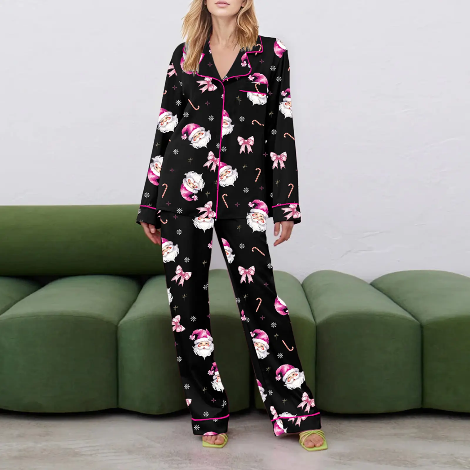 Women Christmas Pajama Set, Santa Claus Print Long Sleeve Shirt with Pants Sleepwear Loungewear