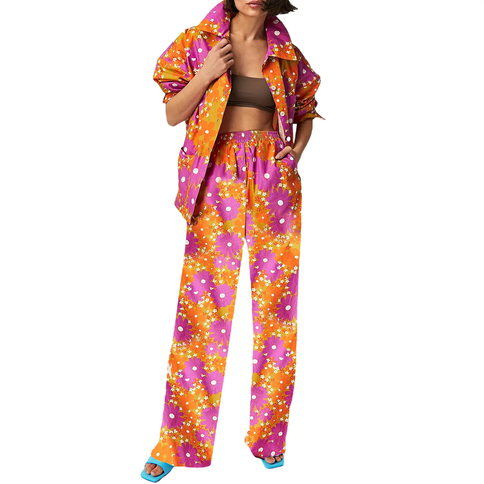 Women's Loungewear Set, Flower Print Long Sleeve Lapel Button Shirt + Elastic Waist Pants 2 Pieces Sleepwear