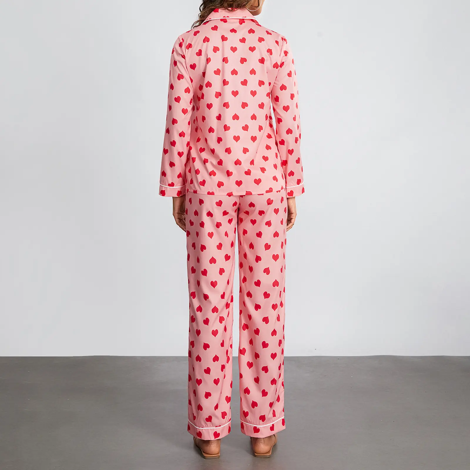 Women Pajama Set, Heart Print Long Sleeve Button Closure Tops with Pants Sleepwear Loungewear