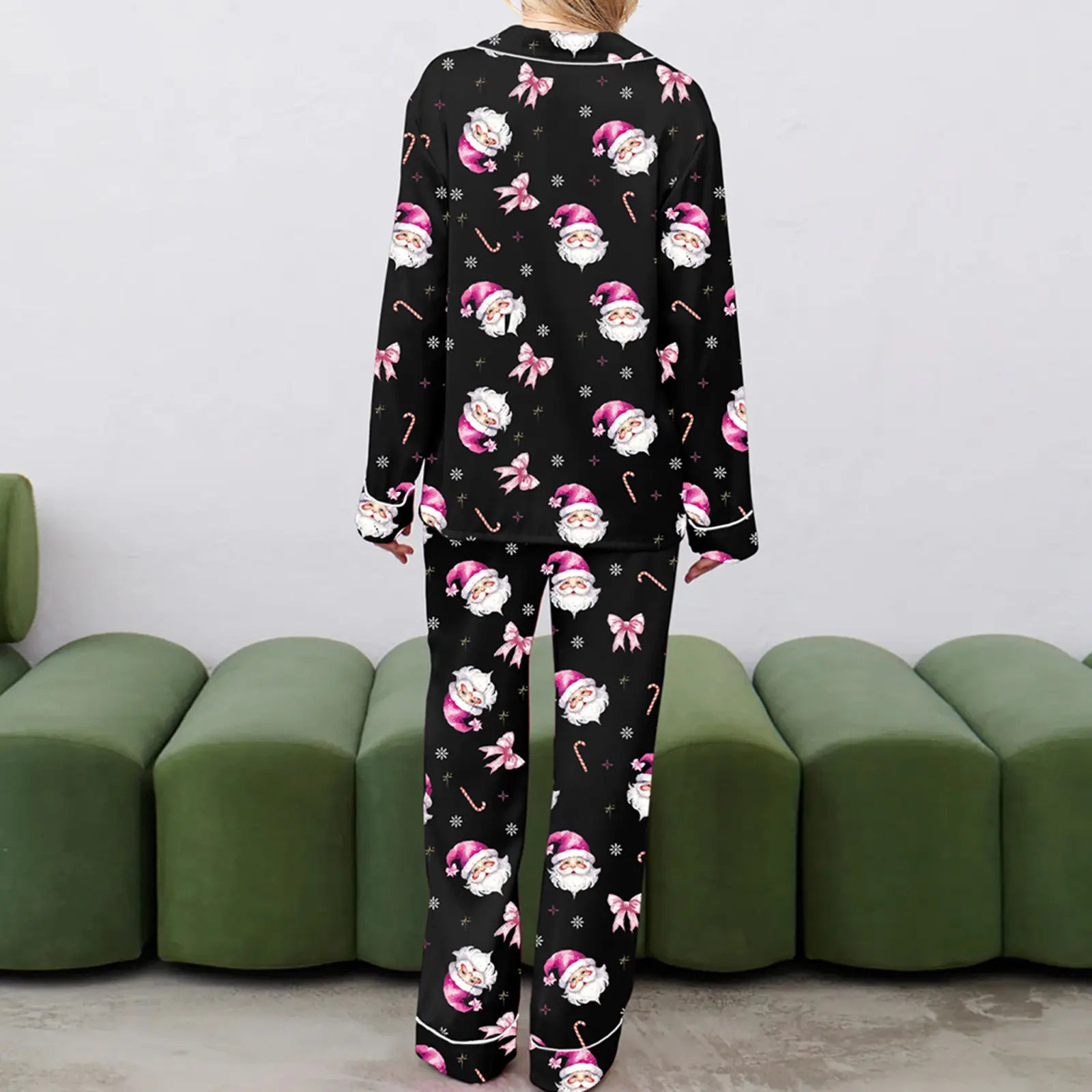 Women Christmas Pajama Set, Santa Claus Print Long Sleeve Shirt with Pants Sleepwear Loungewear