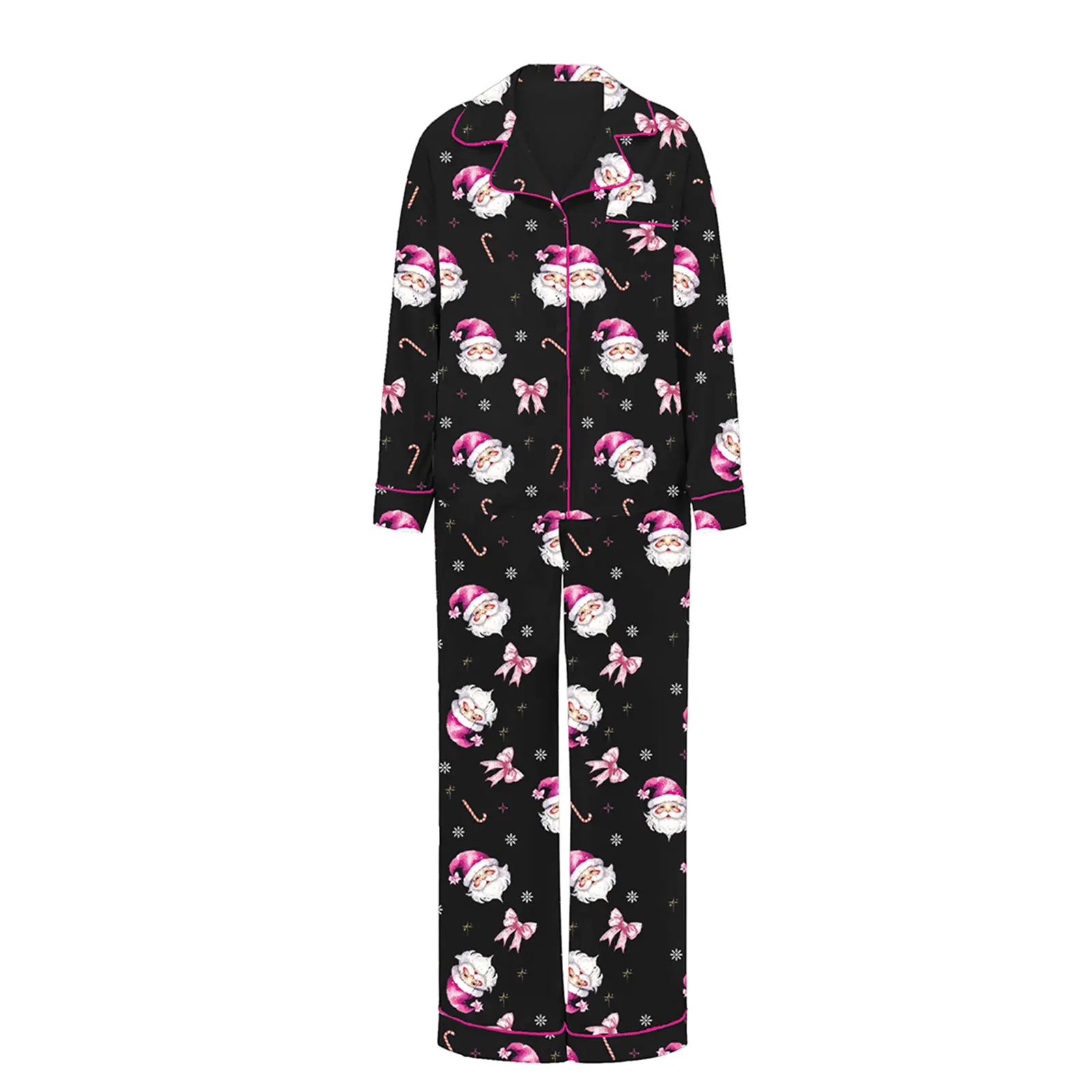 Women Christmas Pajama Set, Santa Claus Print Long Sleeve Shirt with Pants Sleepwear Loungewear