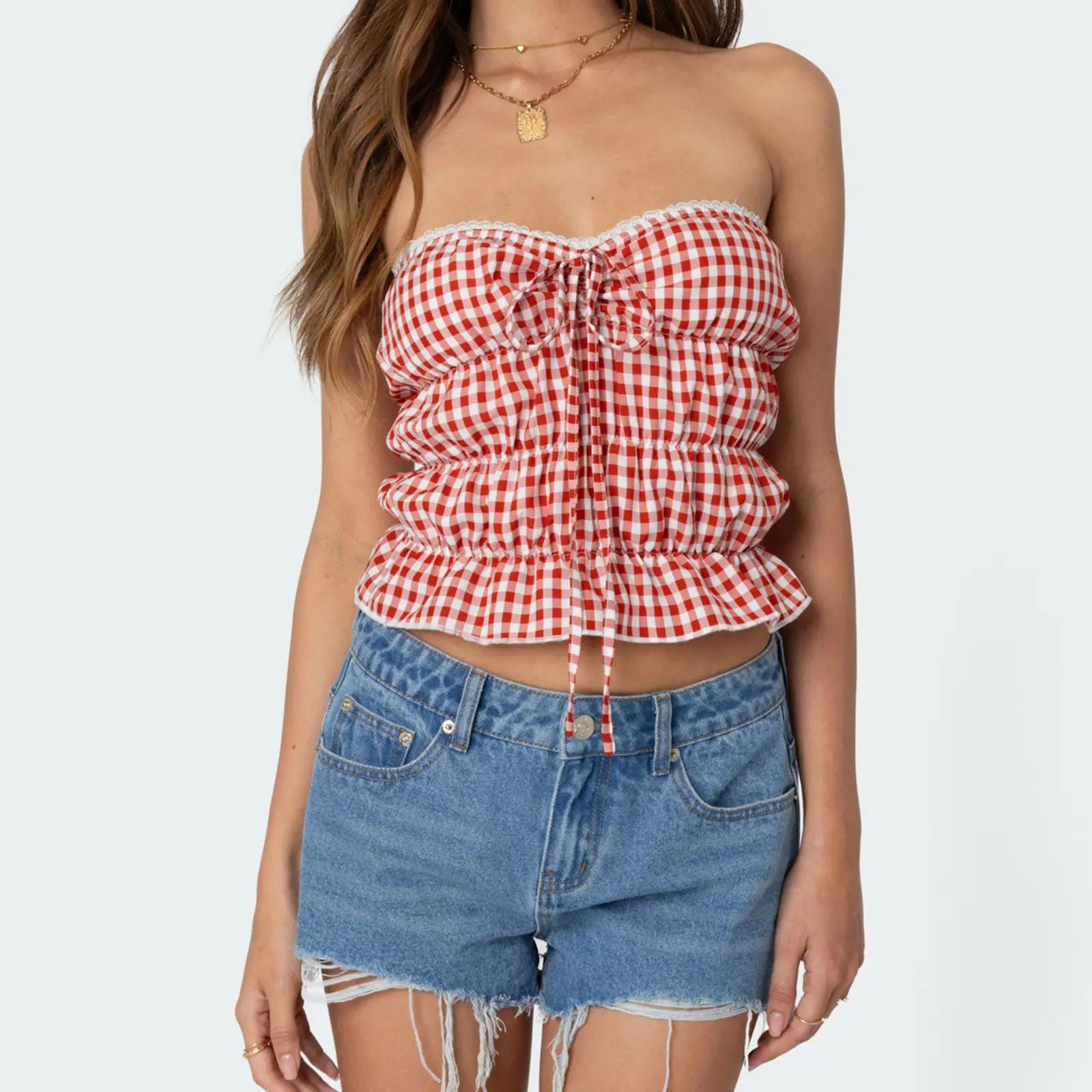 Women Pajamas Set 2 Pieces Loungewear Suits Plaid Tie-Up Front Strapless Tube Tops and Shorts Sleepwear Outfits
