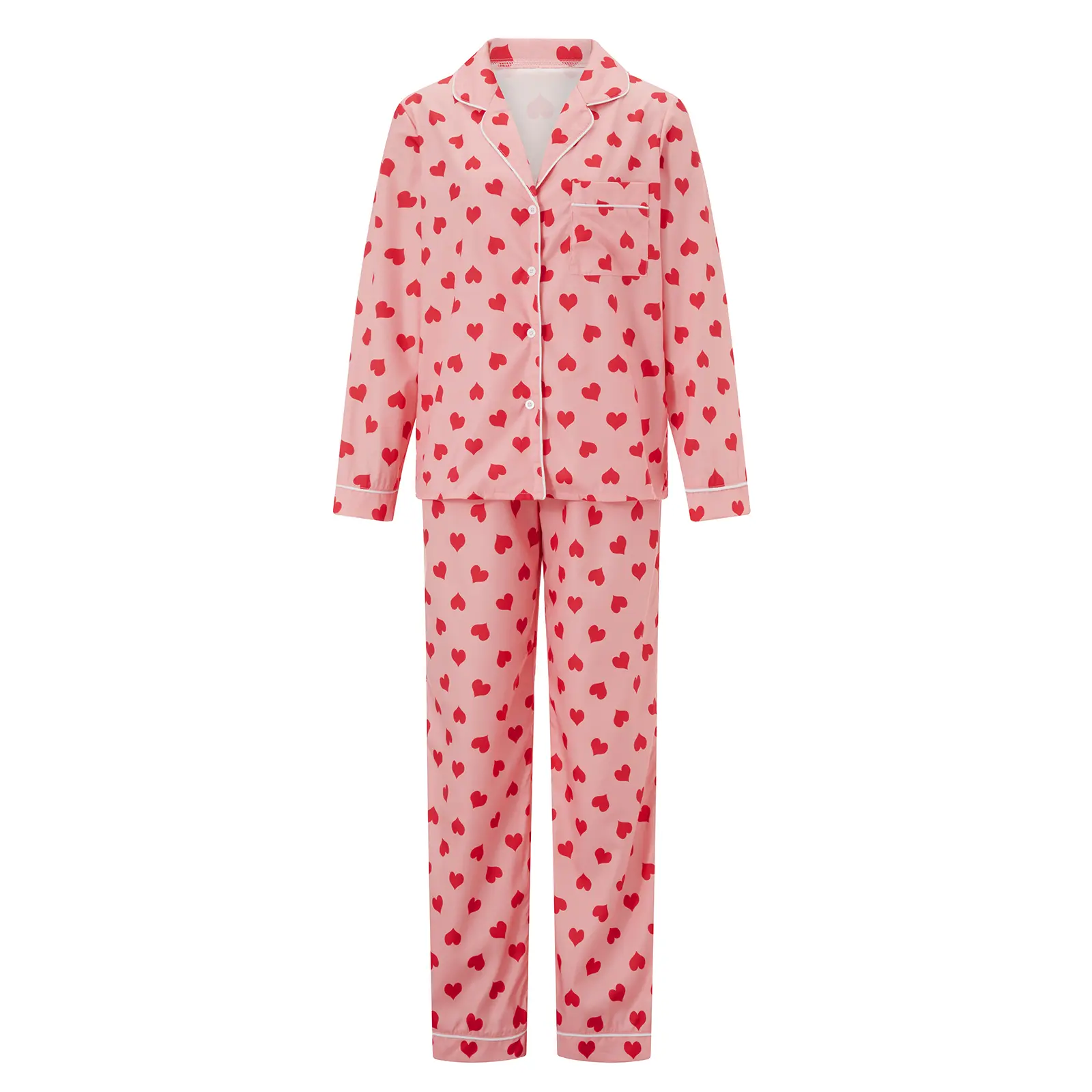 Women Pajama Set, Heart Print Long Sleeve Button Closure Tops with Pants Sleepwear Loungewear