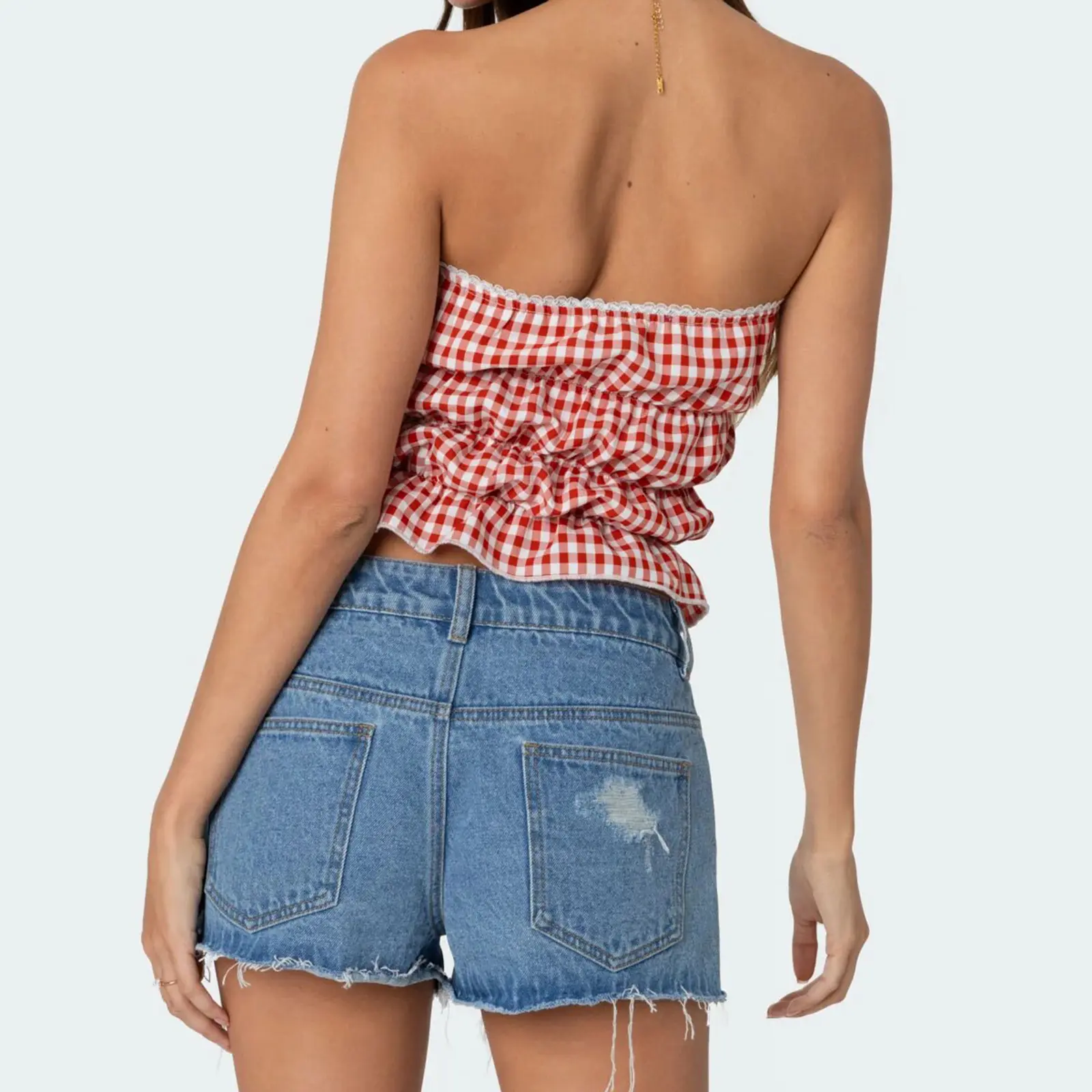 Women Pajamas Set 2 Pieces Loungewear Suits Plaid Tie-Up Front Strapless Tube Tops and Shorts Sleepwear Outfits