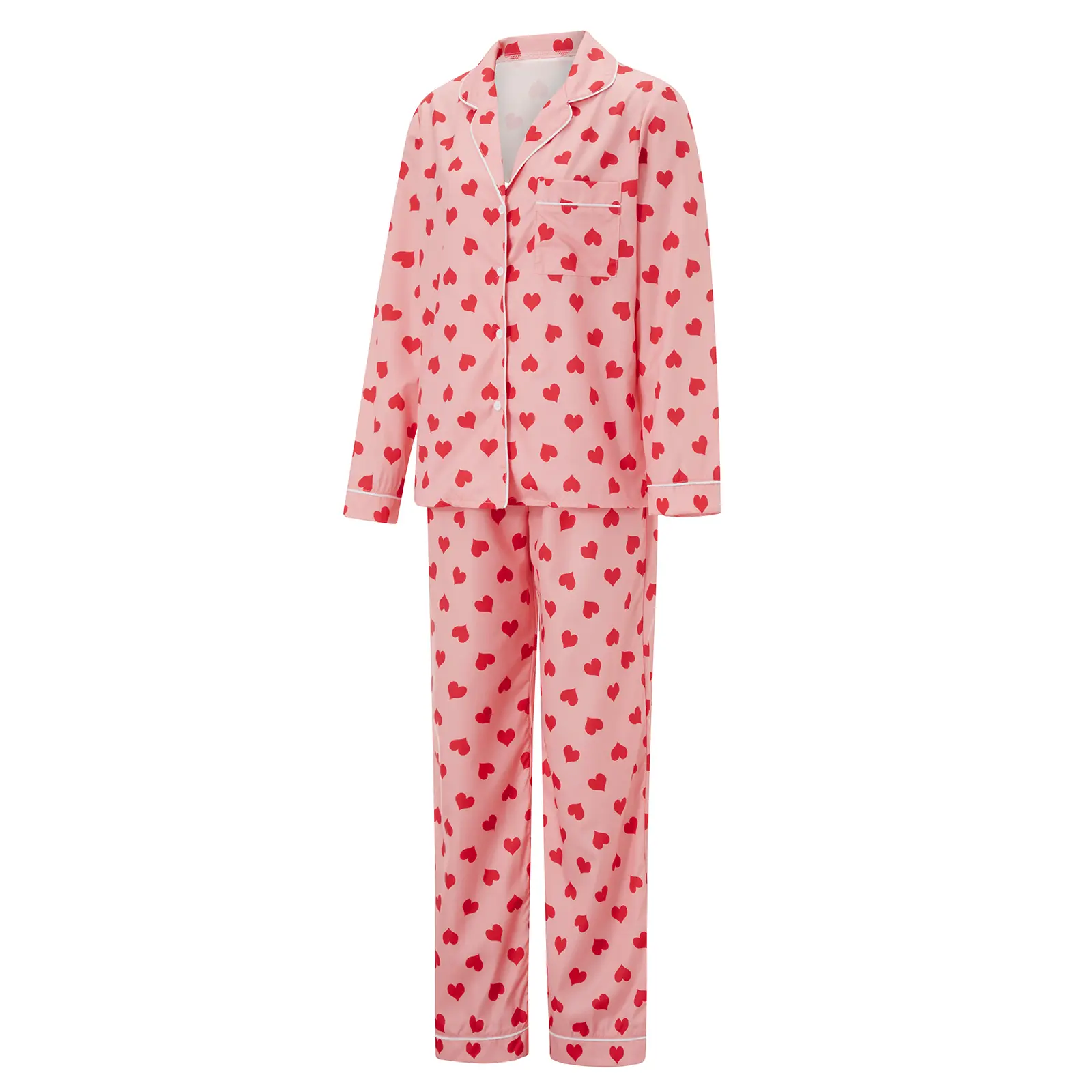 Women Pajama Set, Heart Print Long Sleeve Button Closure Tops with Pants Sleepwear Loungewear