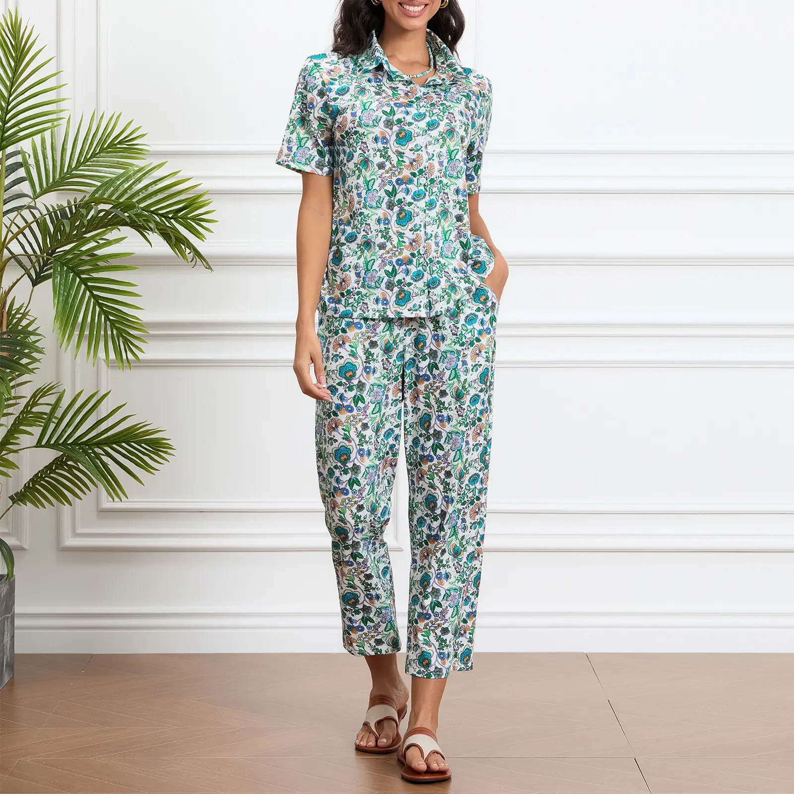Women s 2 Piece Floral Outfit Short Sleeve Lapel Neck Button Down Shirt Elastic Waist Pants for Summer