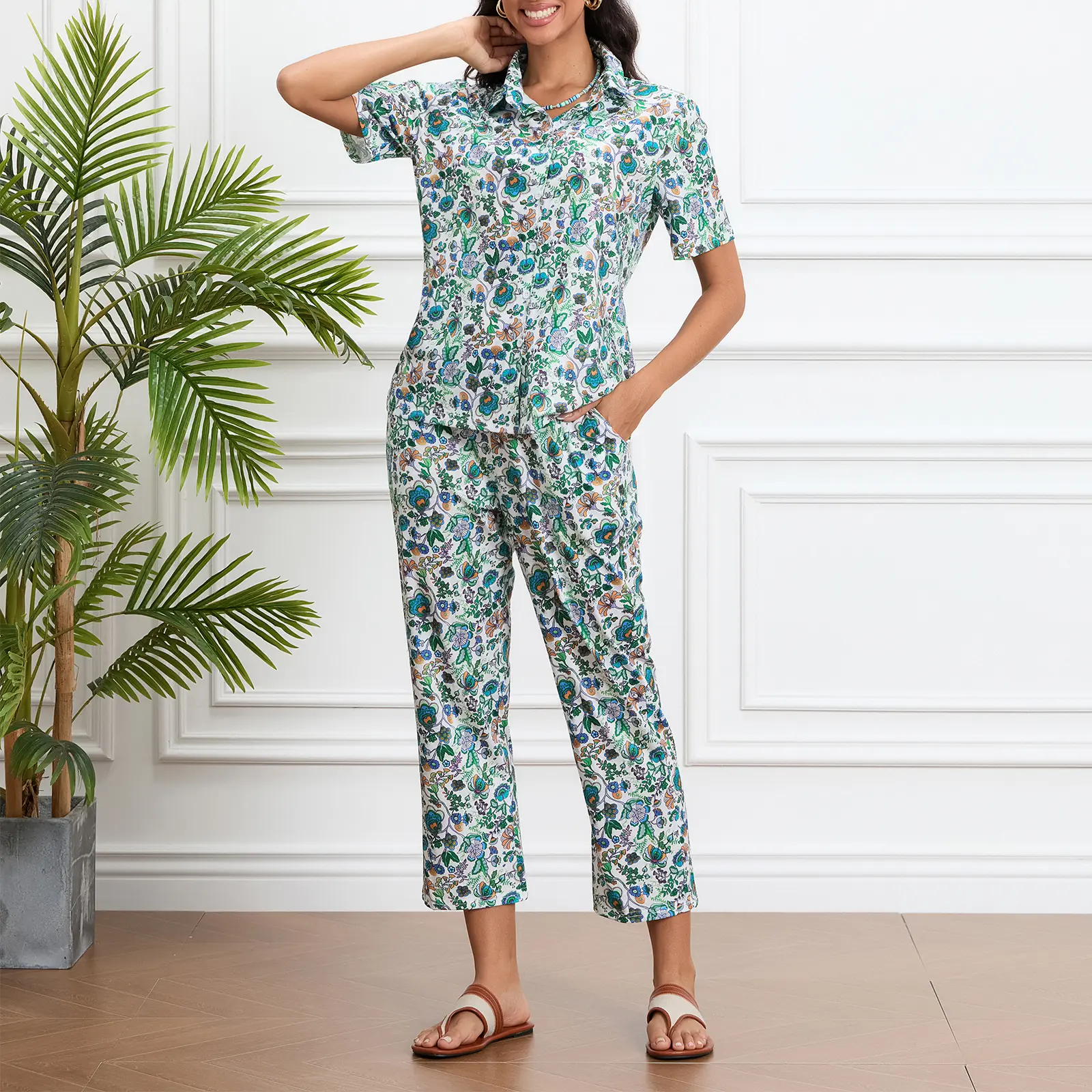 Women s 2 Piece Floral Outfit Short Sleeve Lapel Neck Button Down Shirt Elastic Waist Pants for Summer