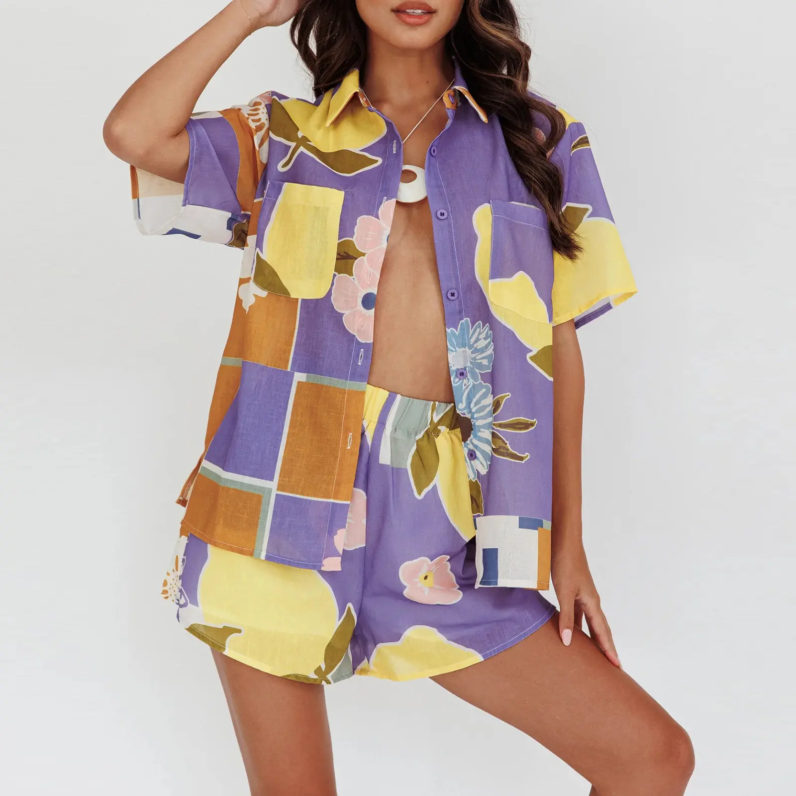 Women Loungewear Set Lemon Print Lapel Neck Short Sleeve Tops Shorts Fashion 2-Piece Pajama Outfit