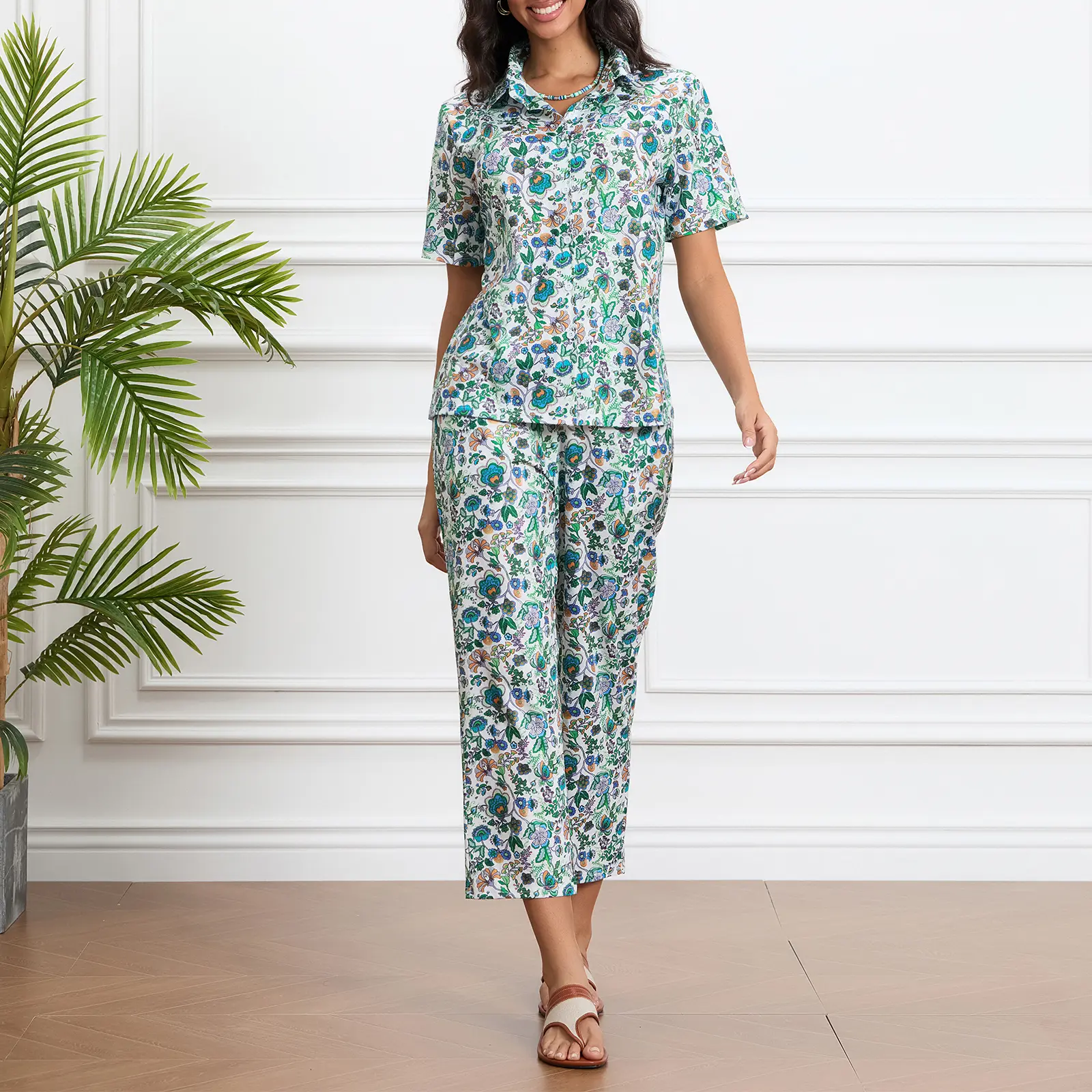 Women s 2 Piece Floral Outfit Short Sleeve Lapel Neck Button Down Shirt Elastic Waist Pants for Summer
