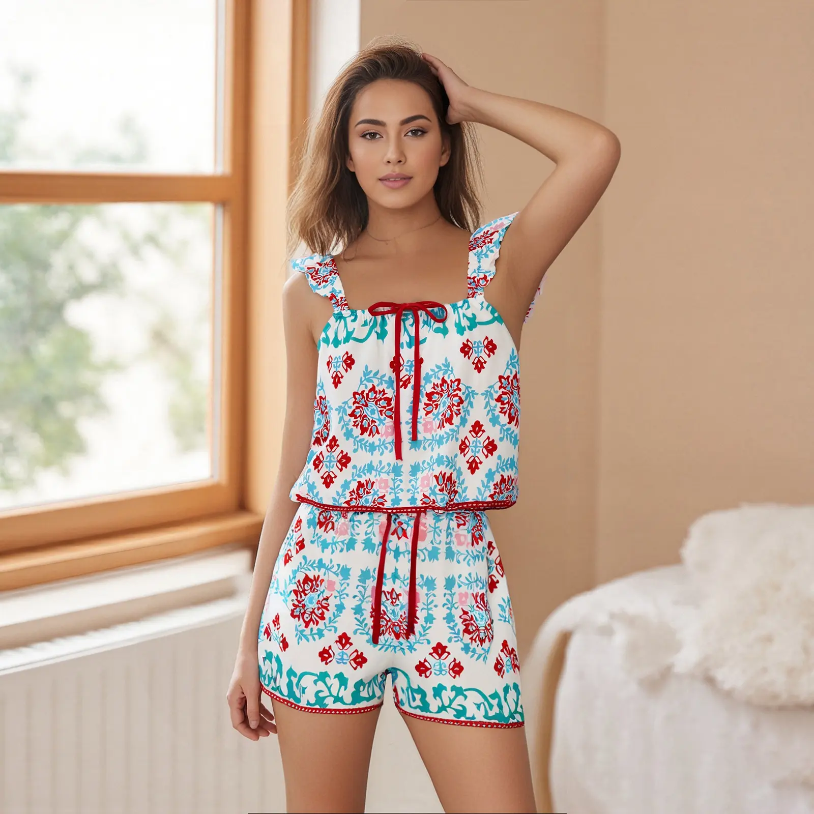 Women 2 Piece Pajamas Set Floral Print Fly Sleeves T-Shirt and Elastic Drawstring Shorts for Loungewear