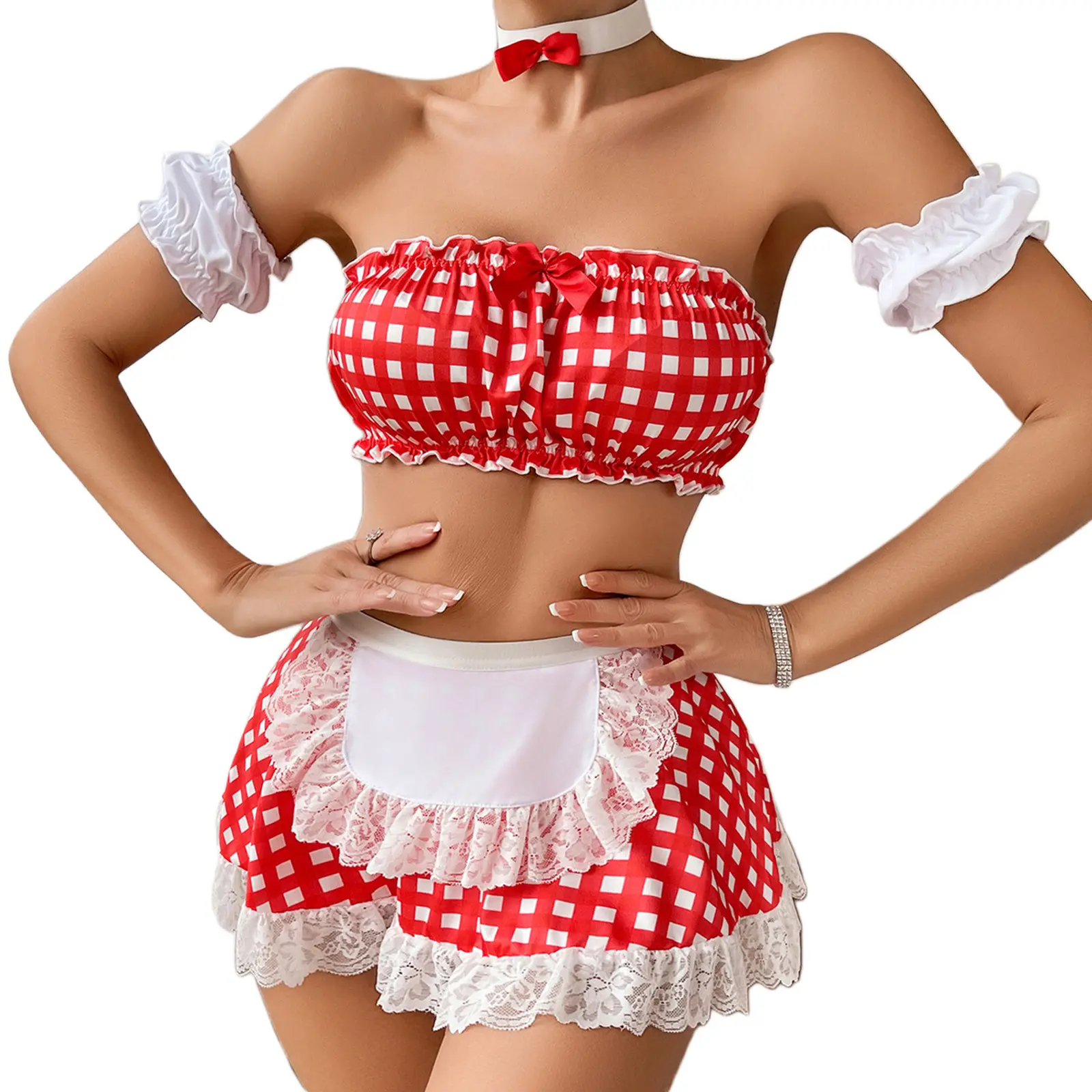 Women's School Girl Lingerie Outfits Plaid Tube Tops + Thong + Skirt + Choker Set Sleepwear