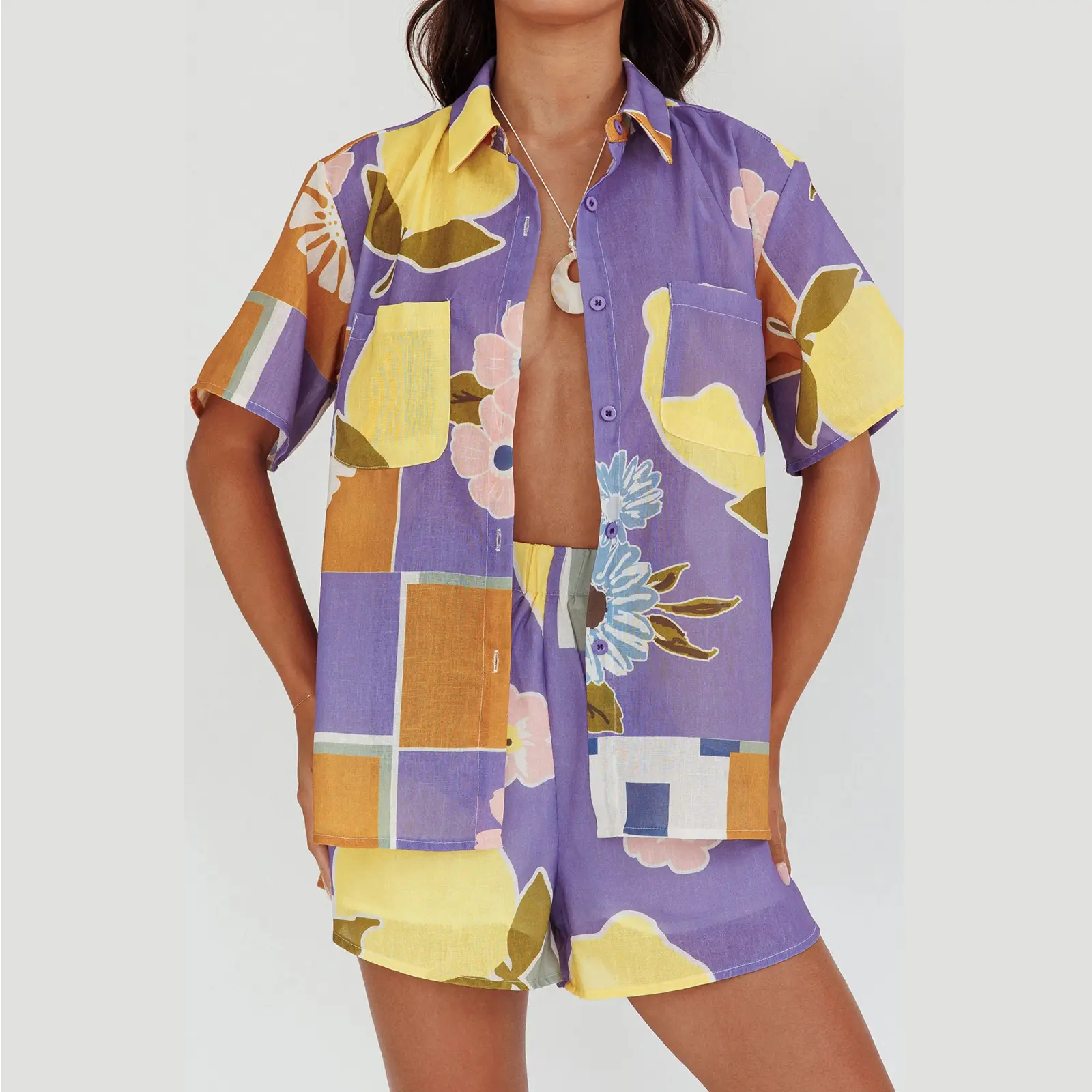 Women Loungewear Set Lemon Print Lapel Neck Short Sleeve Tops Shorts Fashion 2-Piece Pajama Outfit