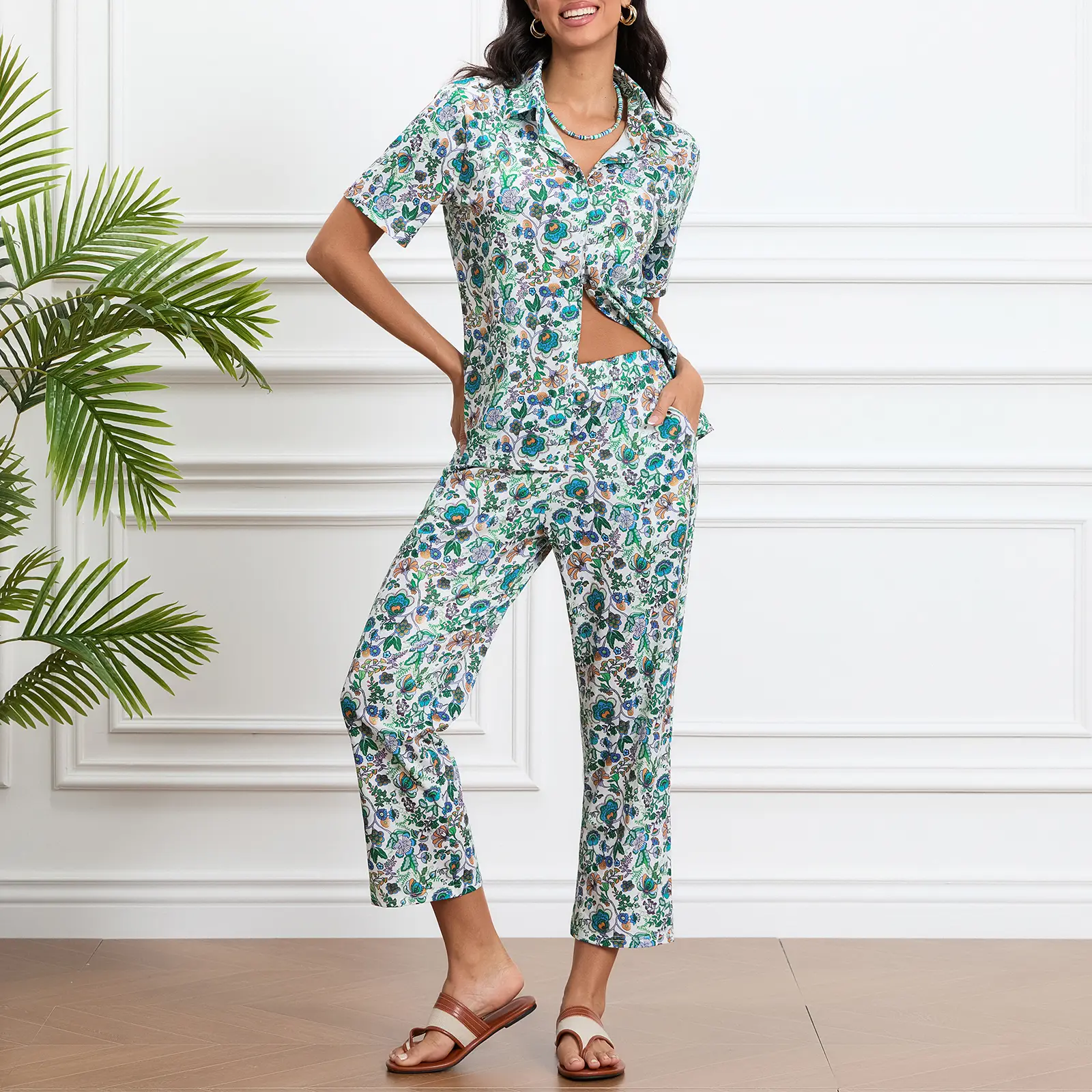 Women s 2 Piece Floral Outfit Short Sleeve Lapel Neck Button Down Shirt Elastic Waist Pants for Summer