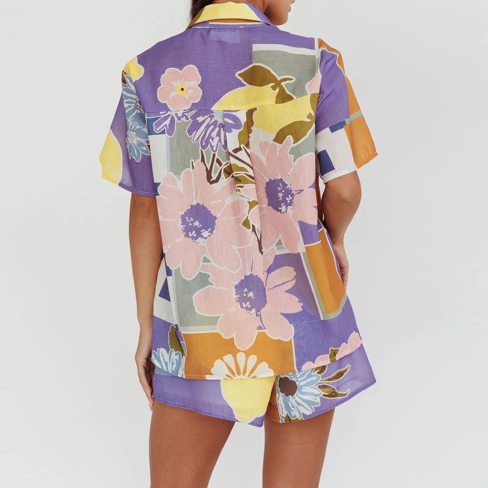 Women Loungewear Set Lemon Print Lapel Neck Short Sleeve Tops Shorts Fashion 2-Piece Pajama Outfit