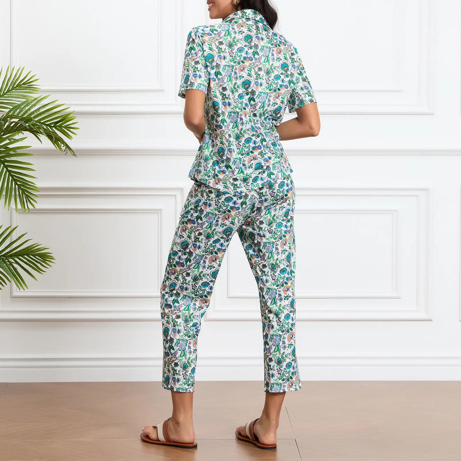 Women s 2 Piece Floral Outfit Short Sleeve Lapel Neck Button Down Shirt Elastic Waist Pants for Summer