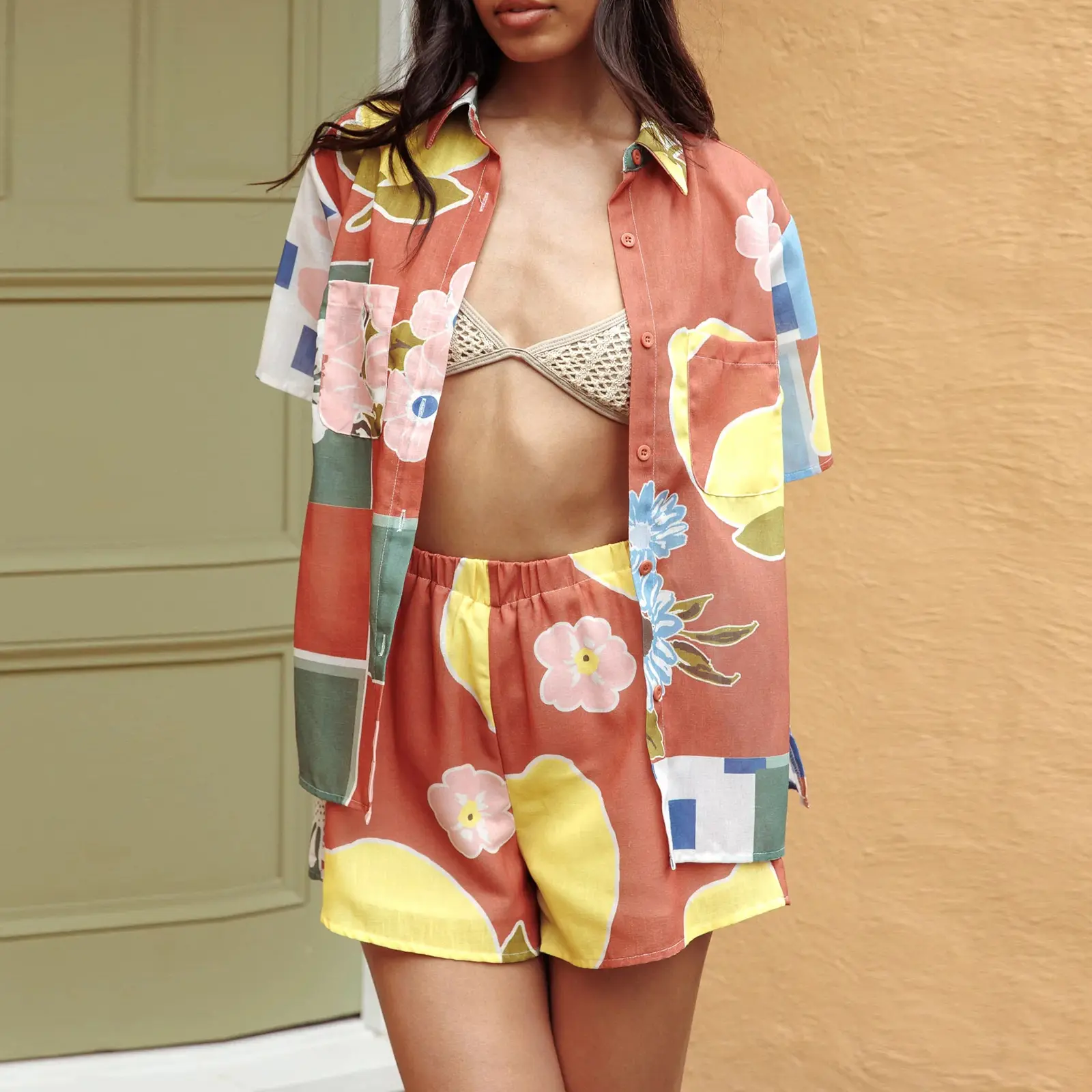Women Loungewear Set Lemon Print Lapel Neck Short Sleeve Tops Shorts Fashion 2-Piece Pajama Outfit