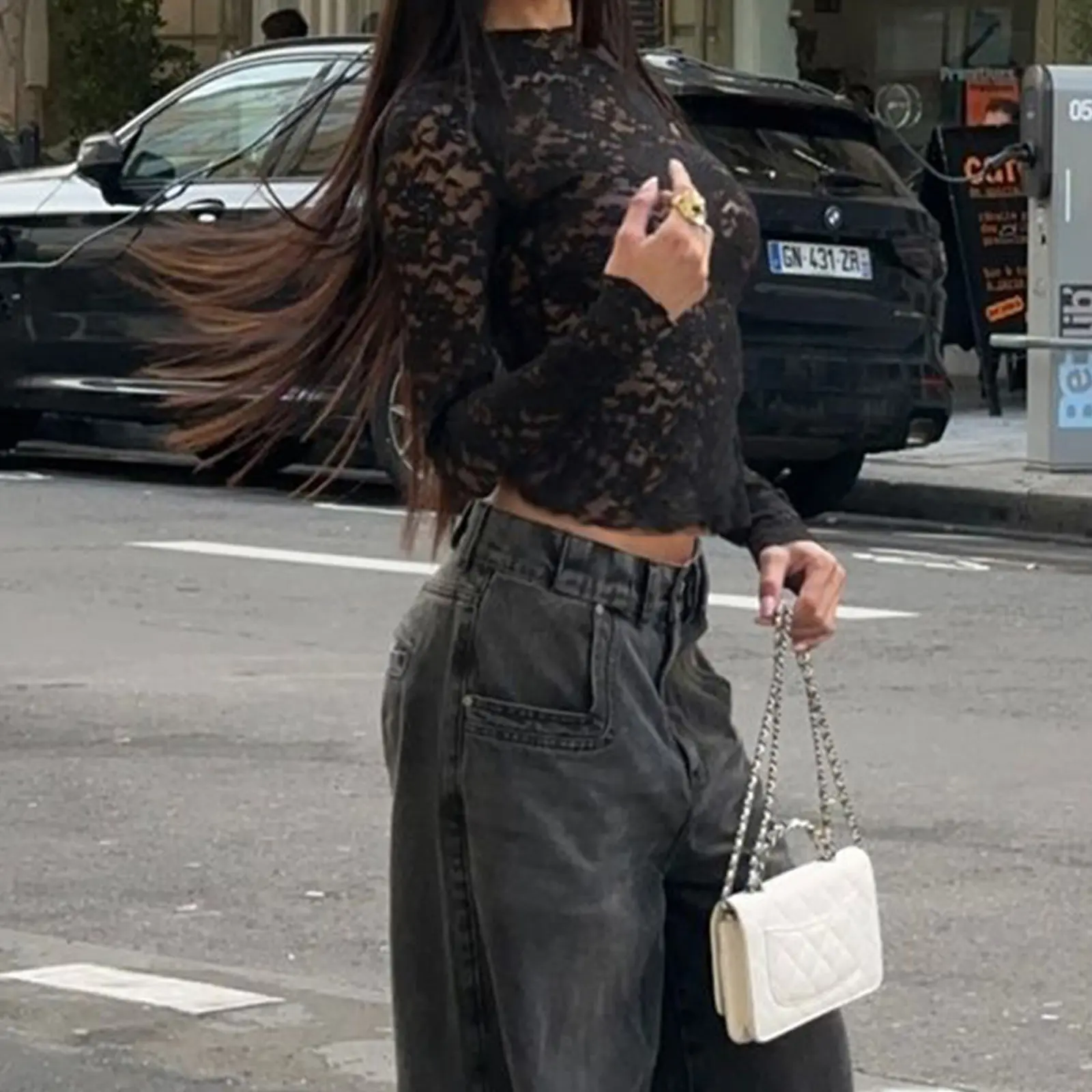 Women's Sheer Lace Tops Fashion Long Sleeve High Crew Neck Solid Color Slim Fit T-Shirts Blouses