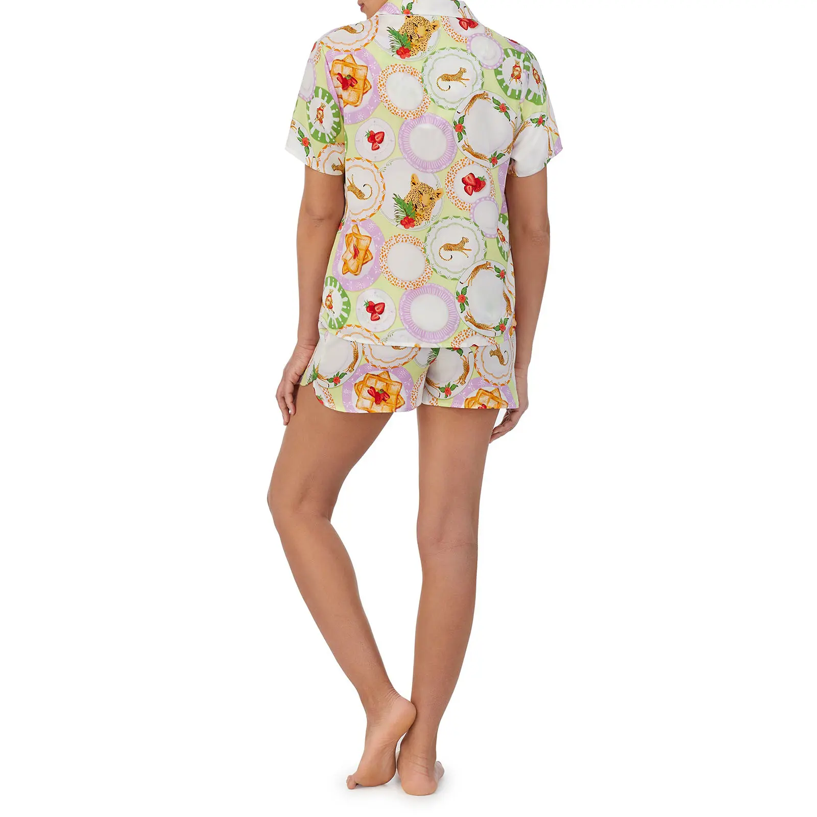 Women’s Casual 2 Piece Outfits Short Sleeve Beer/Leopard/Dessert Print Button Up Shirt + Shorts Set Loungewear