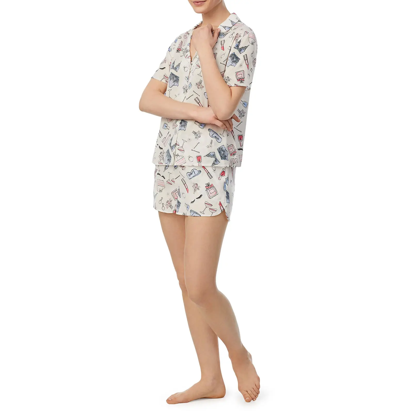Women’s Casual 2 Piece Outfits Short Sleeve Beer/Leopard/Dessert Print Button Up Shirt + Shorts Set Loungewear