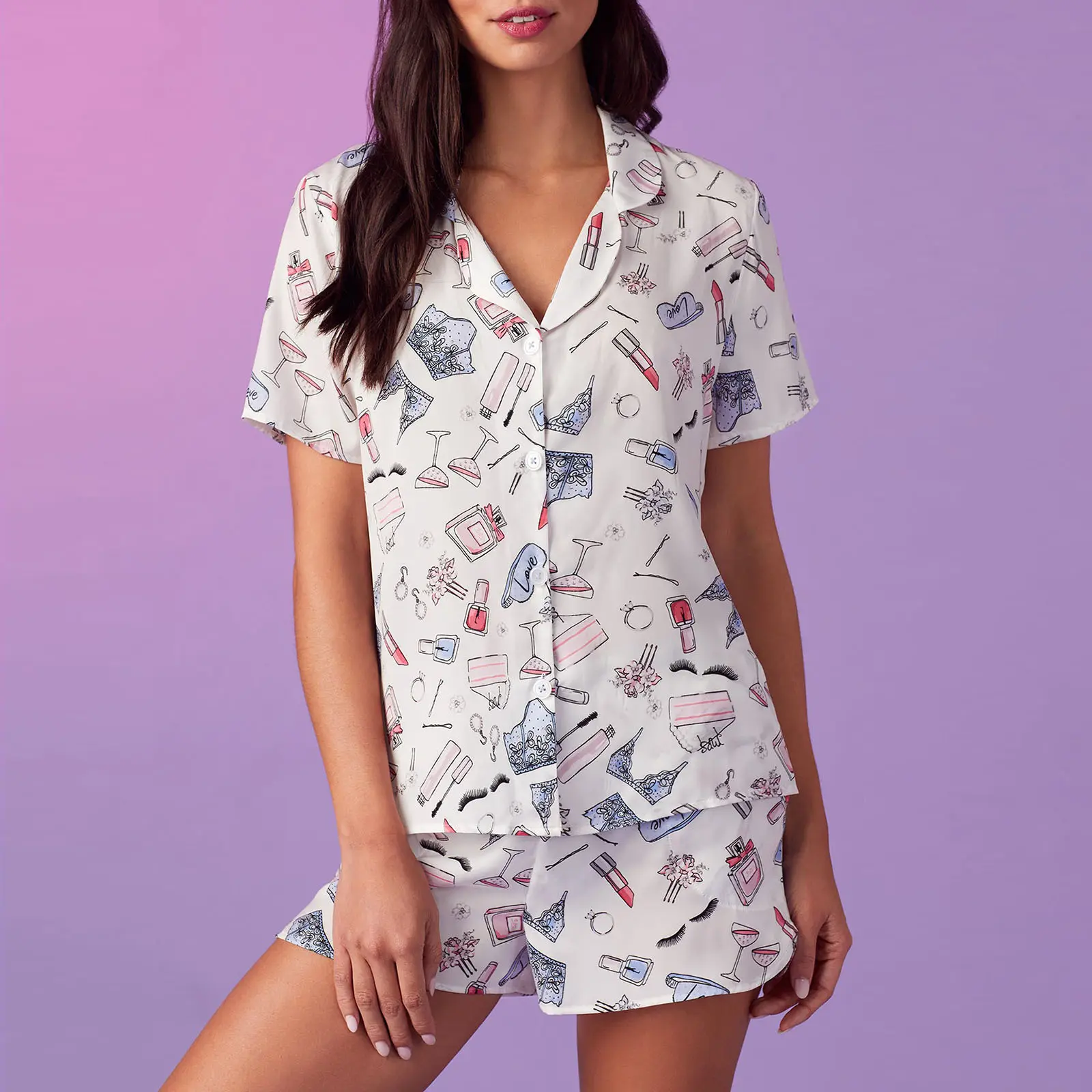 Women’s Casual 2 Piece Outfits Short Sleeve Beer/Leopard/Dessert Print Button Up Shirt + Shorts Set Loungewear