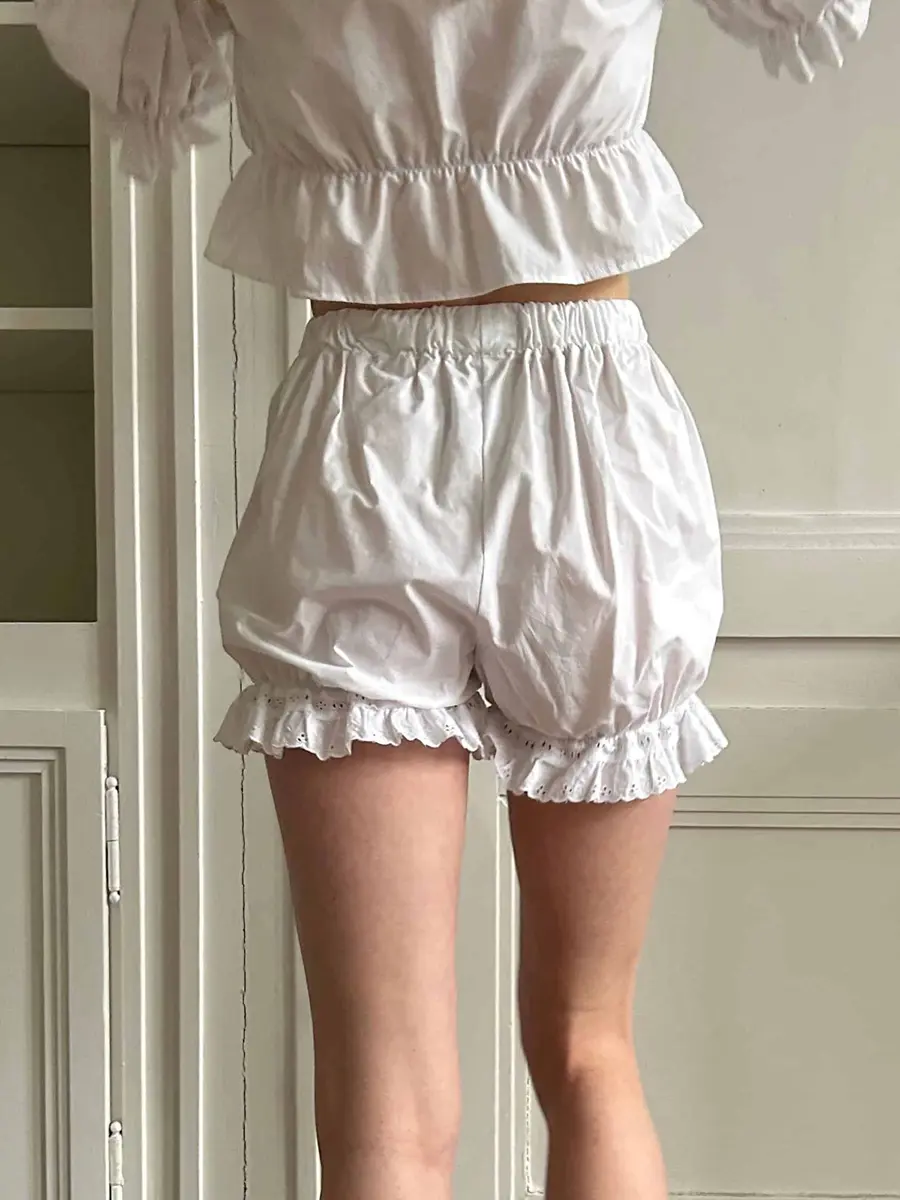 Women's Casual Bloomers Loose Eyelet Embroidery Elastic Waist Ruffled Trim Bubble Lounge Solid Shorts for Summer Dailywear