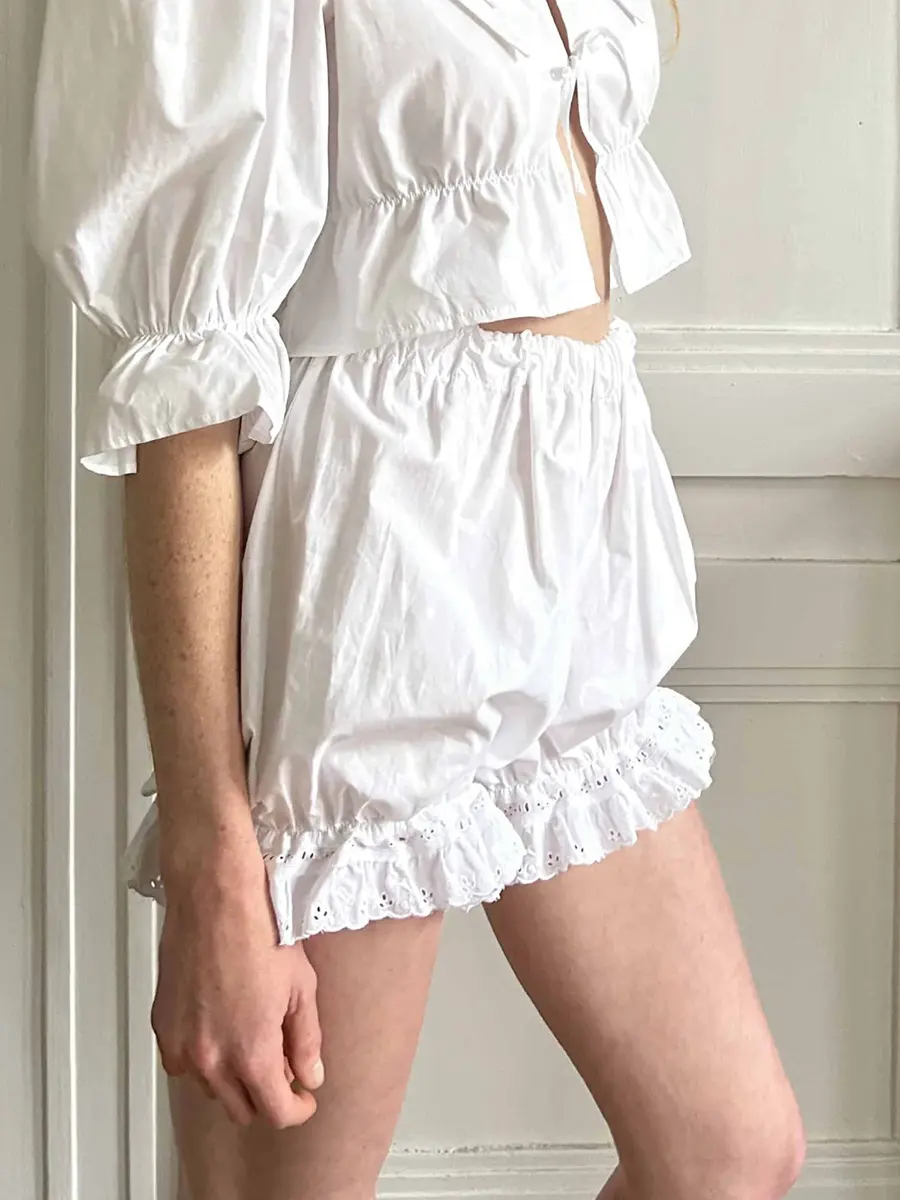 Women's Casual Bloomers Loose Eyelet Embroidery Elastic Waist Ruffled Trim Bubble Lounge Solid Shorts for Summer Dailywear