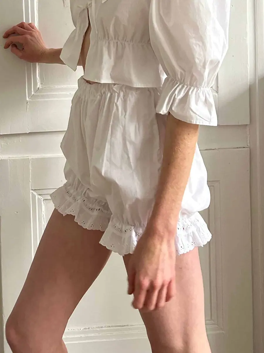 Women's Casual Bloomers Loose Eyelet Embroidery Elastic Waist Ruffled Trim Bubble Lounge Solid Shorts for Summer Dailywear