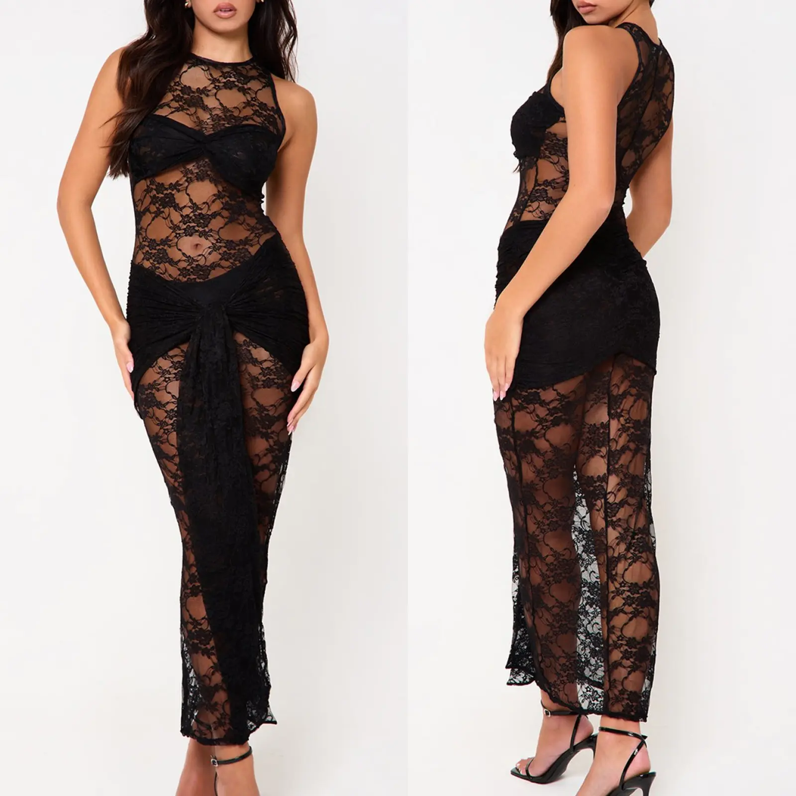 Women Sheer Lace Tank Dress Flower See Through Front Knot High Neck Sleeveless Long Dress for Party Club