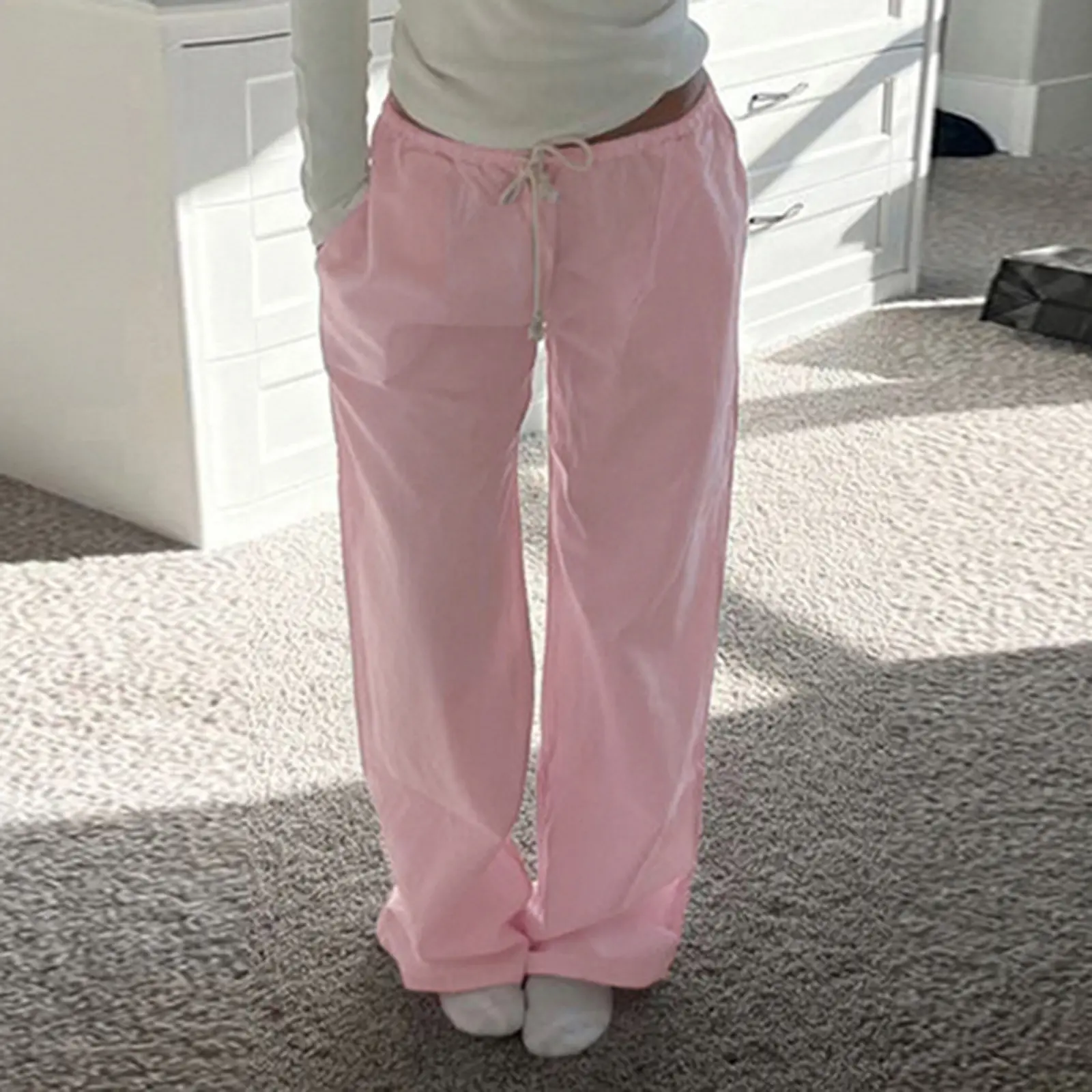 Women's Straight Wide Leg Pants Drawstring Low Waist Solid Color Pants Lounge Trousers with Pockets