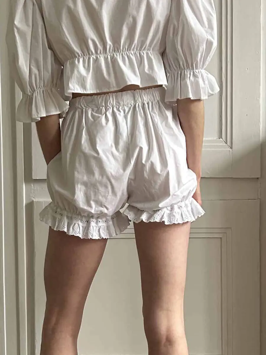 Women's Casual Bloomers Loose Eyelet Embroidery Elastic Waist Ruffled Trim Bubble Lounge Solid Shorts for Summer Dailywear