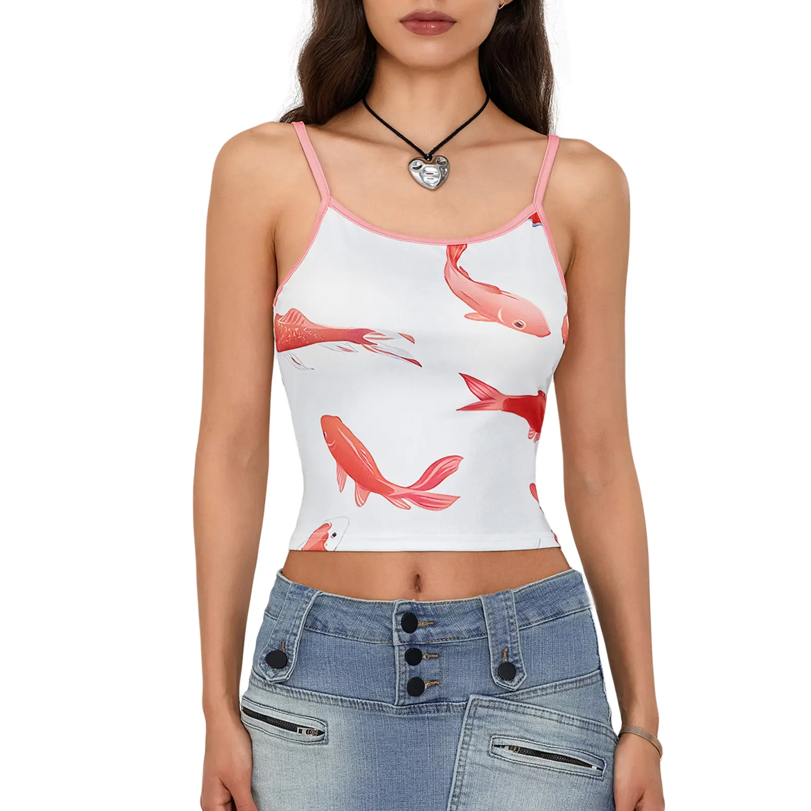 Women's Cami Tank Tops Sleeveless Spaghetti Strap Koi Fish Print Slim Fit Camisole Summer Shirts