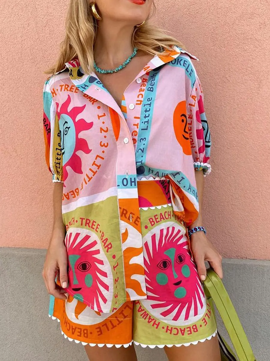 Women Summer Bohemian Shorts Outfits Sun Print Short Sleeve Shirts Tops Elastic Waist Shorts 2 Pieces Clothes Set