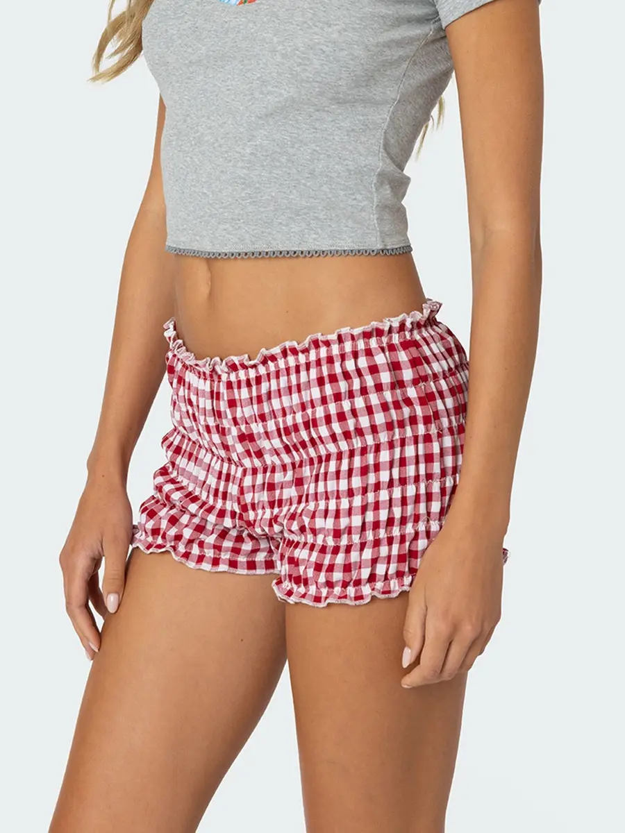 Basics Women Sweet Plaid Shorts, Elastic Waist Casual Shorts Summer Streetwear for Daily Date