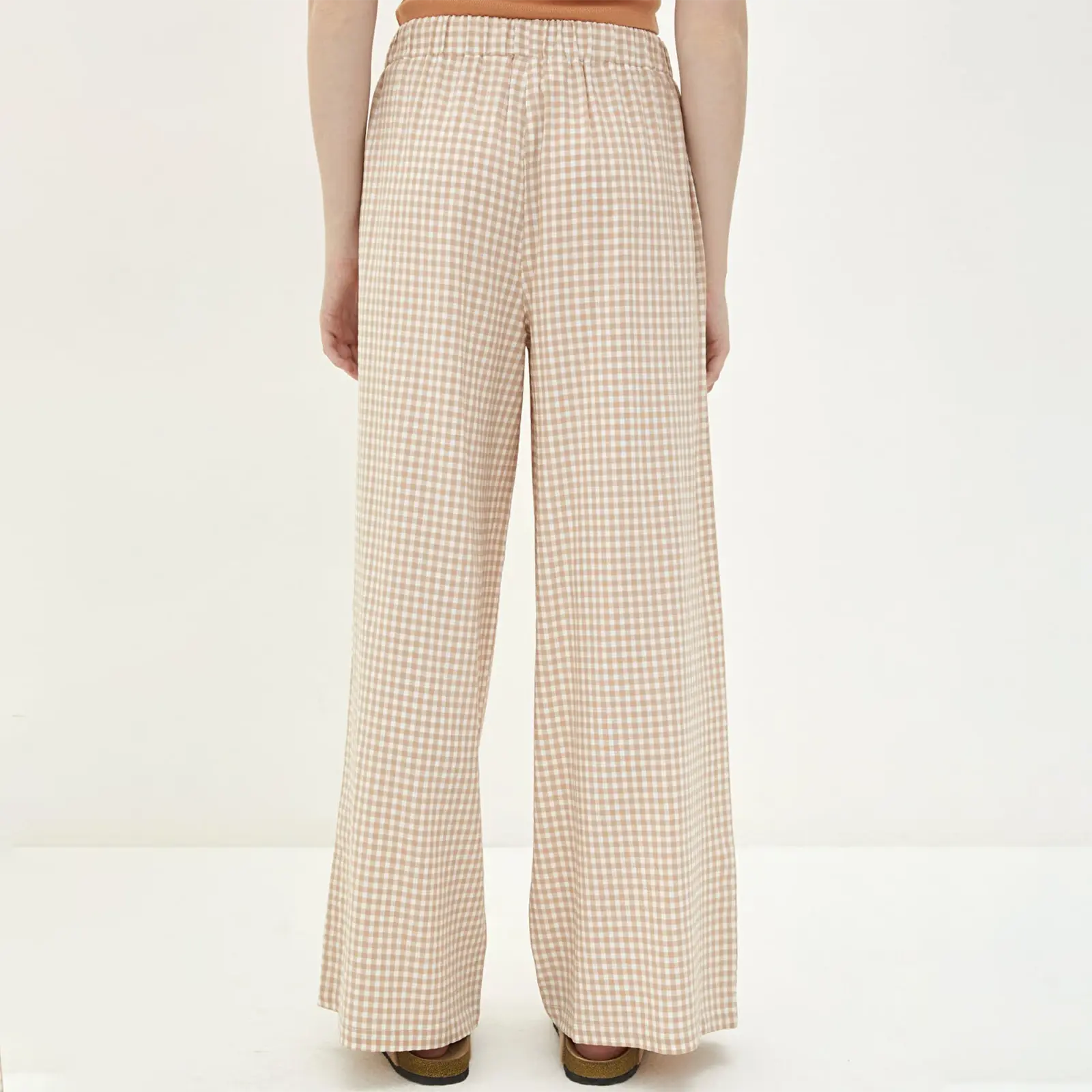 Womens Casual Pull On Pants Elastic Waistband Plaid Print Drawstring Wide Leg Loose Casual Trousers for Streetwear