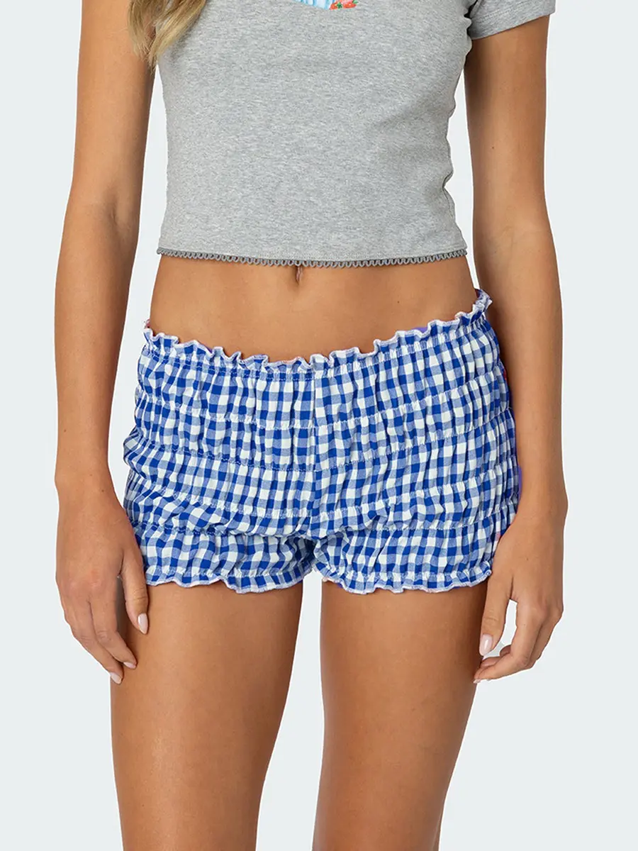 Basics Women Sweet Plaid Shorts, Elastic Waist Casual Shorts Summer Streetwear for Daily Date
