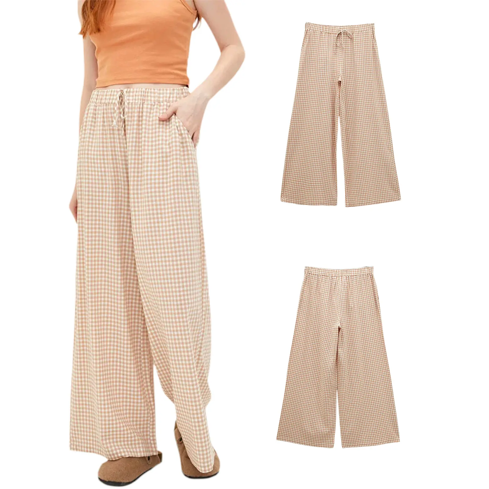 Womens Casual Pull On Pants Elastic Waistband Plaid Print Drawstring Wide Leg Loose Casual Trousers for Streetwear