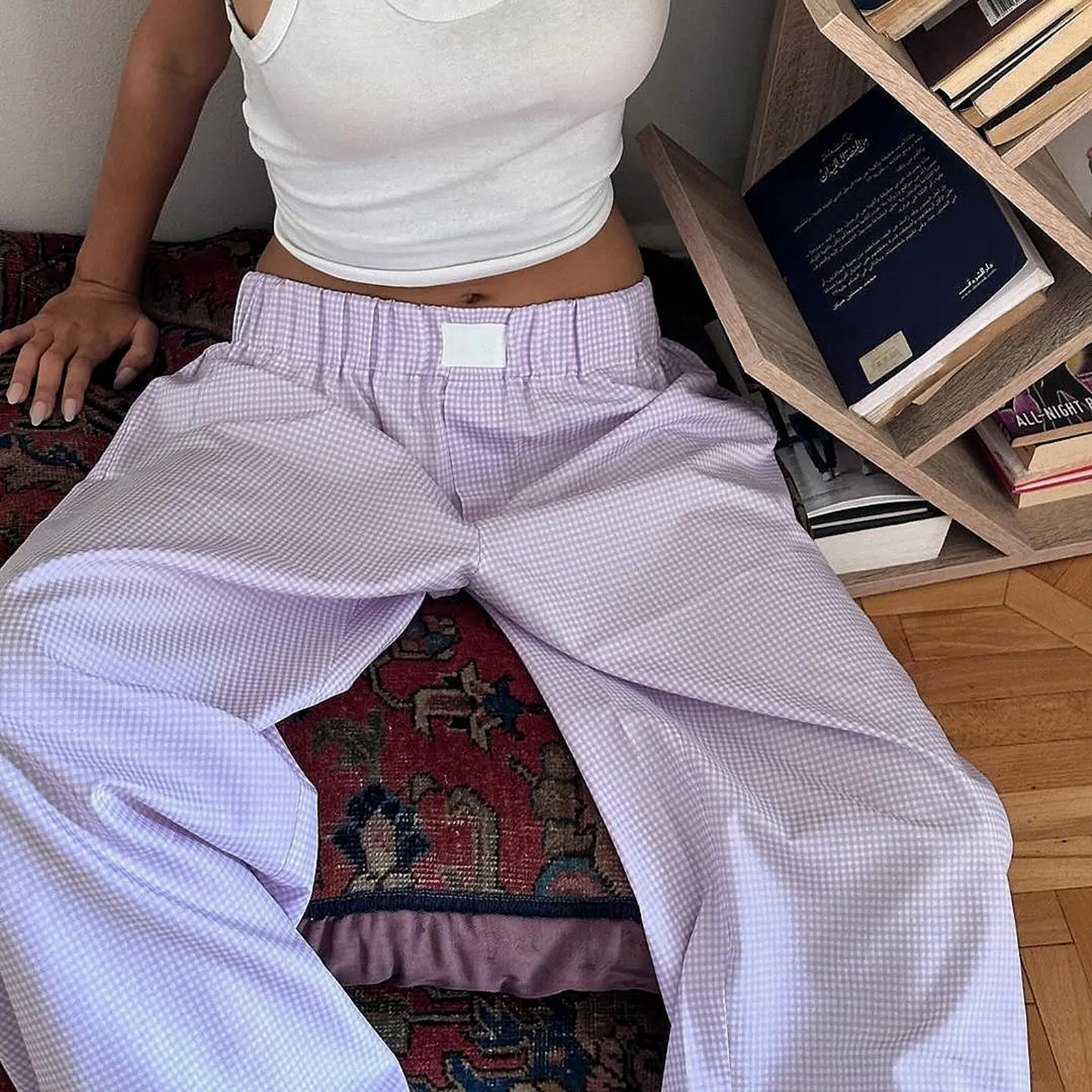 Women's Spring Summer Baggy Pants Elastic Waistband Loose Wide Leg Plaid Pants with 2 Pockets