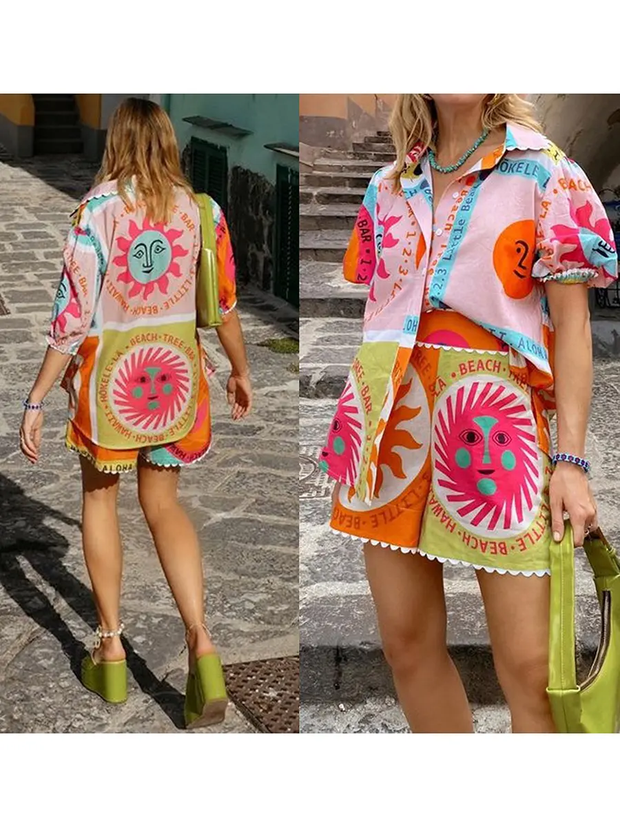 Women Summer Bohemian Shorts Outfits Sun Print Short Sleeve Shirts Tops Elastic Waist Shorts 2 Pieces Clothes Set