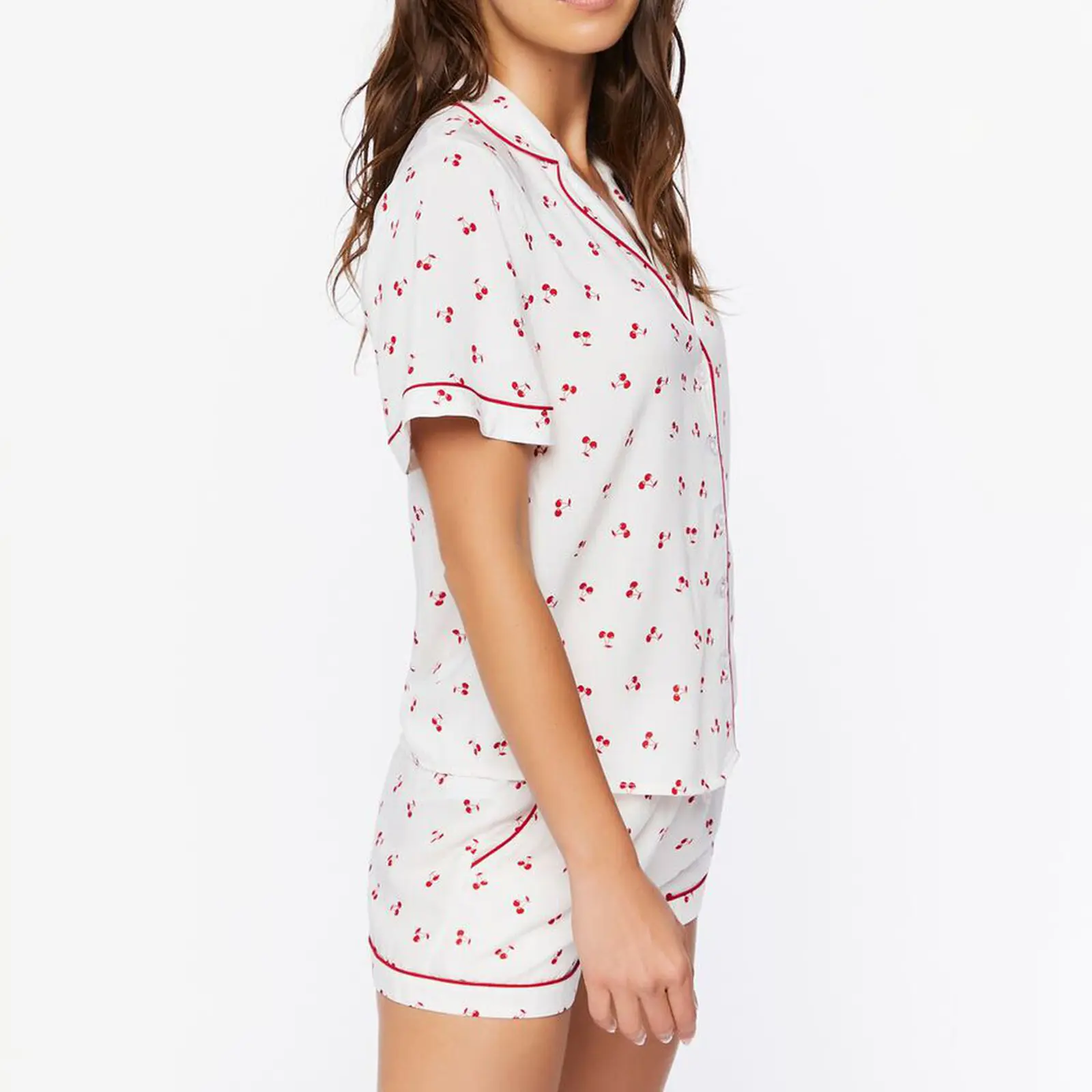 Women’s 2 Casual Piece Pajamas Set Cherry Print Short Sleeve Button Up Shirt + Shorts Set Lounge Clothes