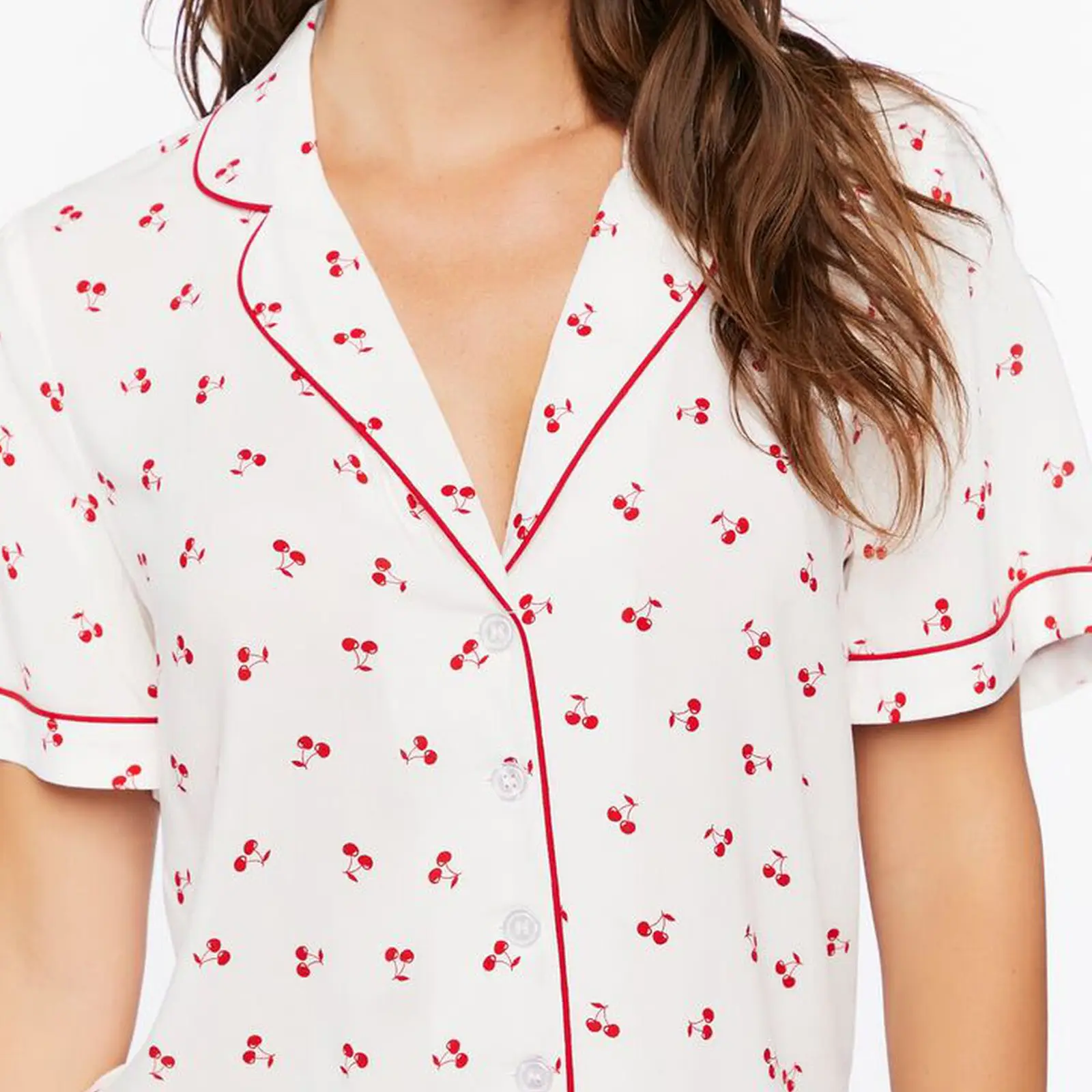 Women’s 2 Casual Piece Pajamas Set Cherry Print Short Sleeve Button Up Shirt + Shorts Set Lounge Clothes