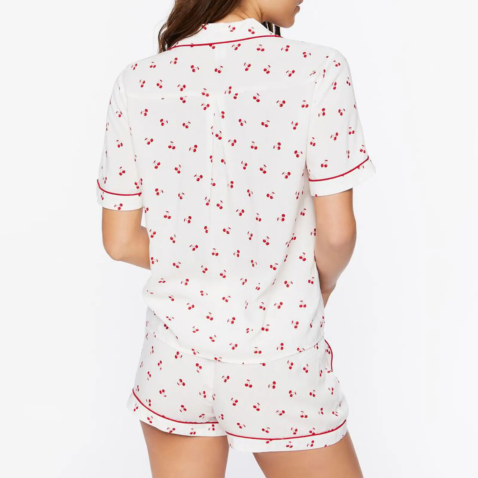 Women’s 2 Casual Piece Pajamas Set Cherry Print Short Sleeve Button Up Shirt + Shorts Set Lounge Clothes