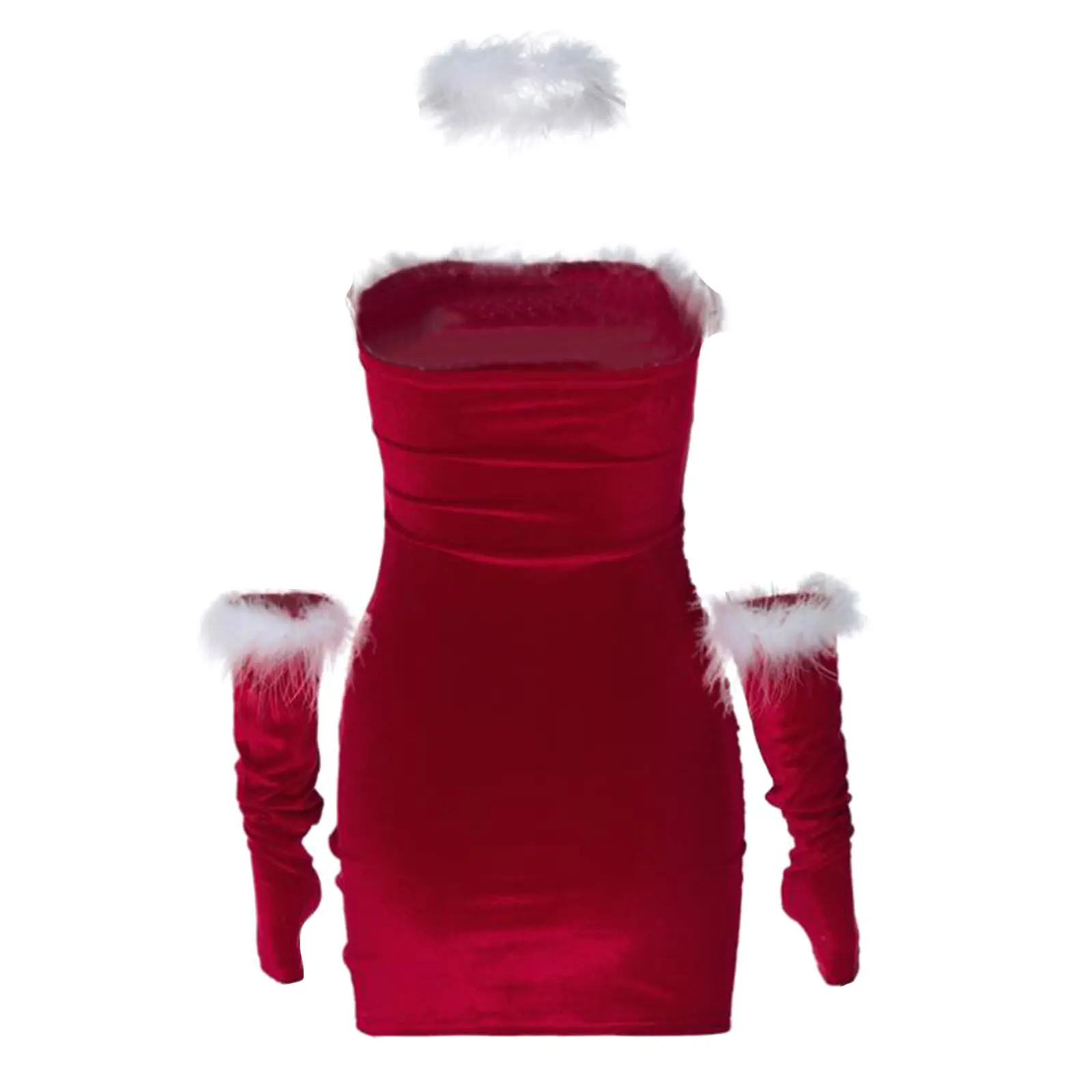 Women Christmas Red Lingerie Plush Patchwork Strapless Tube Dress Christmas Party Cosplay Costume with Arm Sleeve and Choker