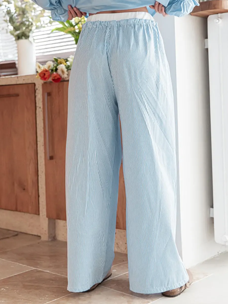 Women Loose Wide Leg Pants Casual Stripe Print Elastic Drawstring Trousers with Pockets for Work Office Streetwear