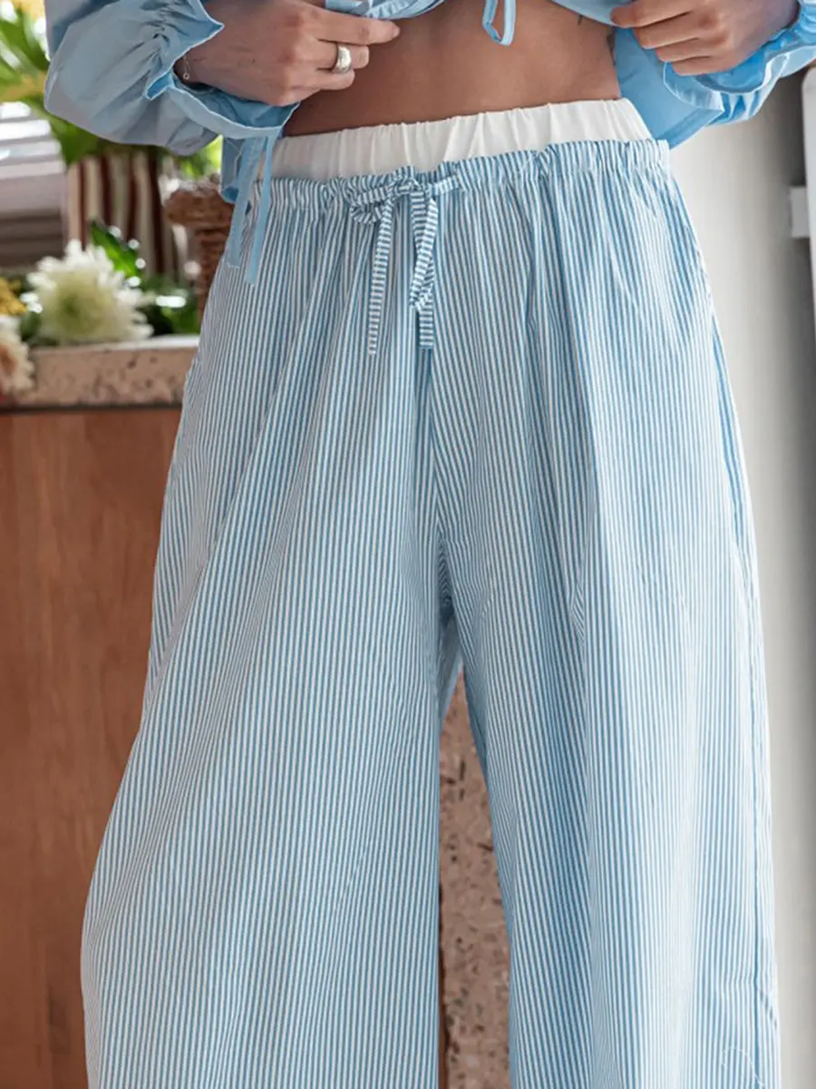 Women Loose Wide Leg Pants Casual Stripe Print Elastic Drawstring Trousers with Pockets for Work Office Streetwear