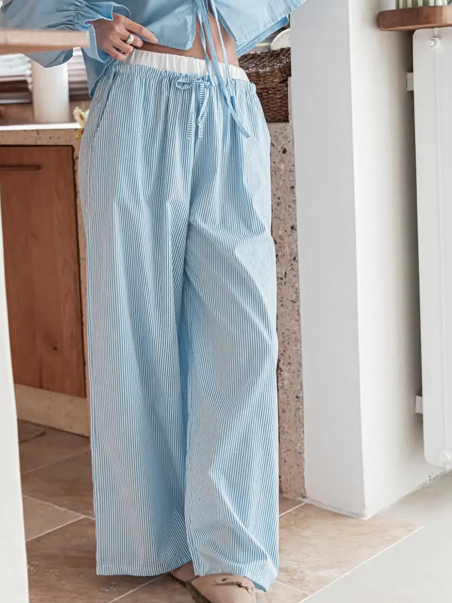 Women Loose Wide Leg Pants Casual Stripe Print Elastic Drawstring Trousers with Pockets for Work Office Streetwear