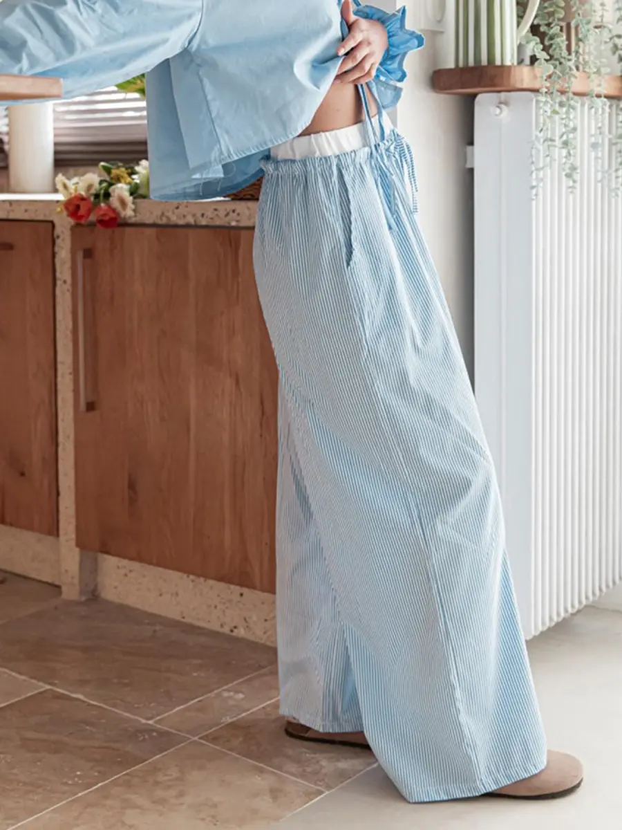 Women Loose Wide Leg Pants Casual Stripe Print Elastic Drawstring Trousers with Pockets for Work Office Streetwear