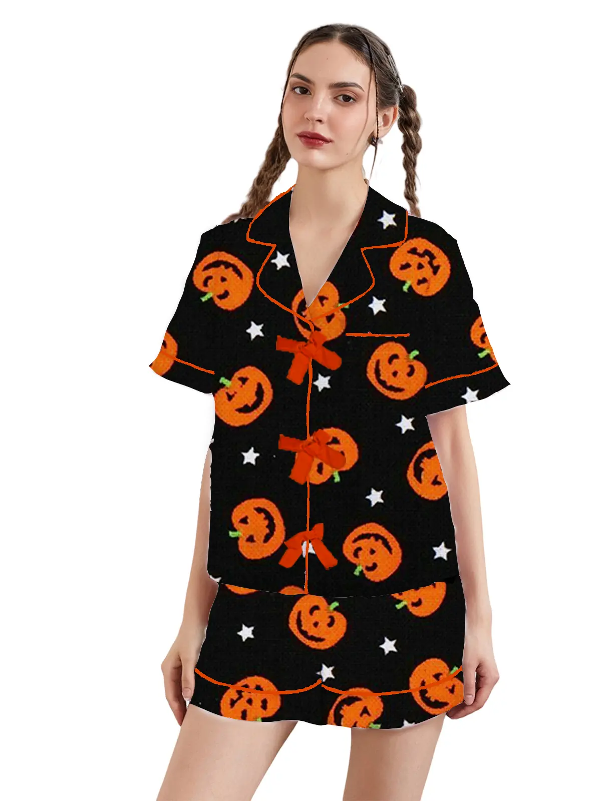 Women's Halloween Lounge Set Short Sleeve Lapel Pumpkin/Witch Hat/Bat Print Tops Shorts Sleepwear Sets