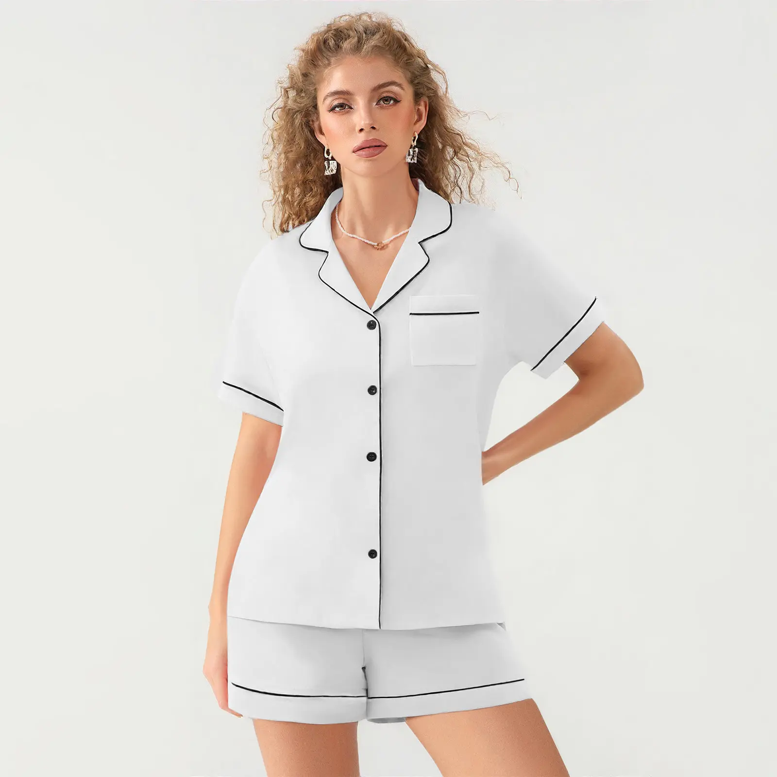 Matching Couple Pajama Set Short Sleeve Button-up Tops Elastic Waist Shorts 2 Piece Sleepwear Outfit for Women Men