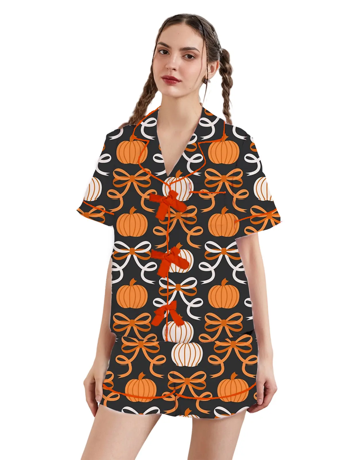 Women's Halloween Lounge Set Short Sleeve Lapel Pumpkin/Witch Hat/Bat Print Tops Shorts Sleepwear Sets